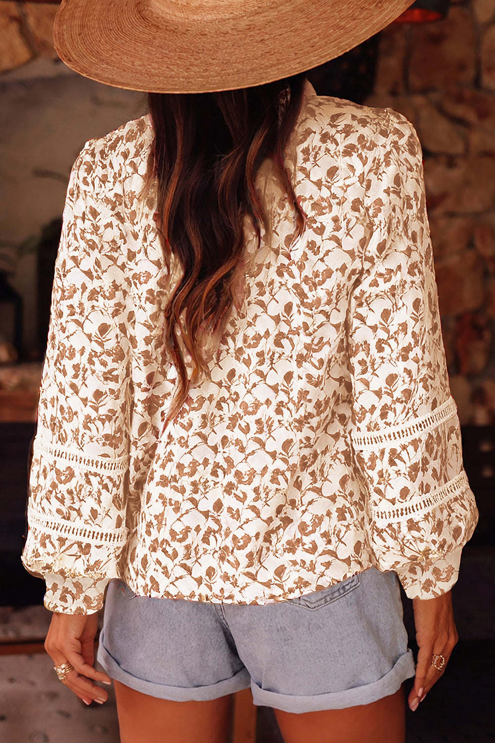 Printed Floral Print Lace Detail Puff Sleeve Shirt
