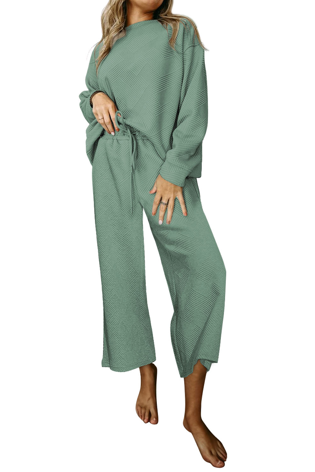 Textured Loose Slouchy Long Sleeve Top and Pants Set