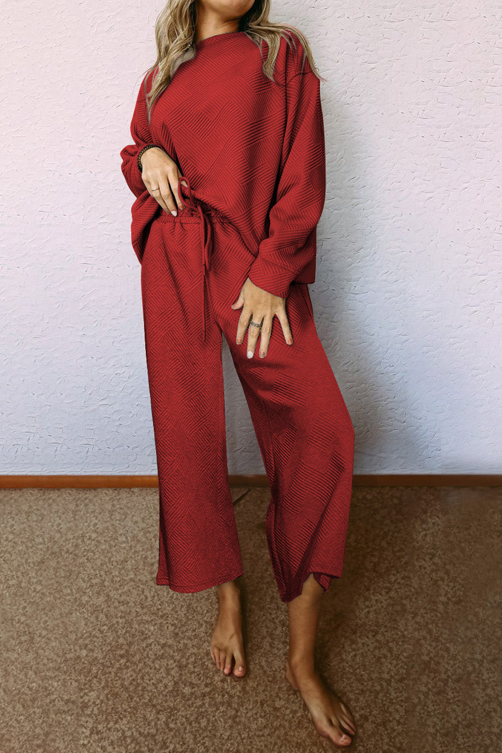 Textured Loose Slouchy Long Sleeve Top and Pants Set