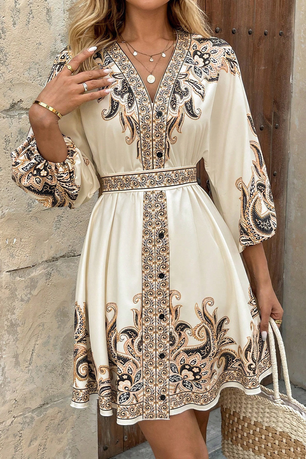 Beige Paisley Print V Neck Bracelet Sleeve Vacation Mini Dress