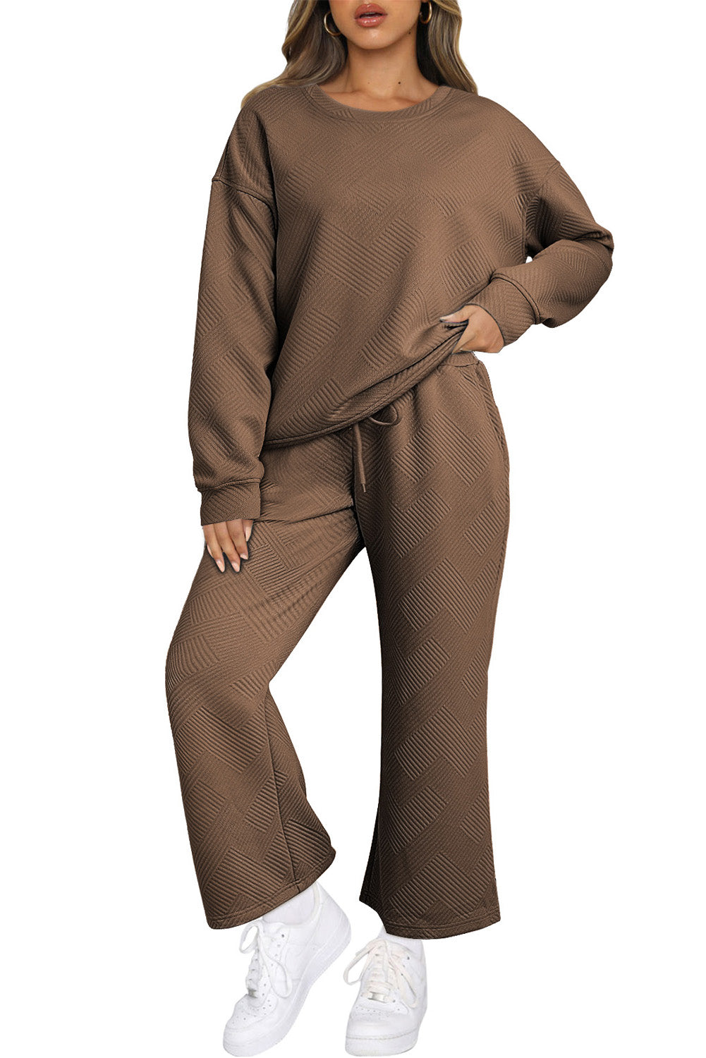 Textured Loose Slouchy Long Sleeve Top and Pants Set