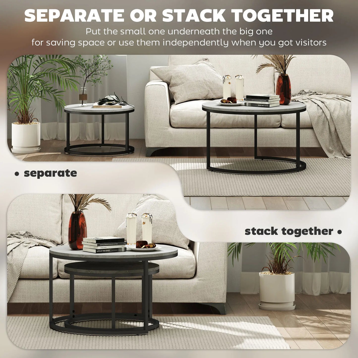 Set of Two Marble-Effect Stacking Tables - Wood Grey