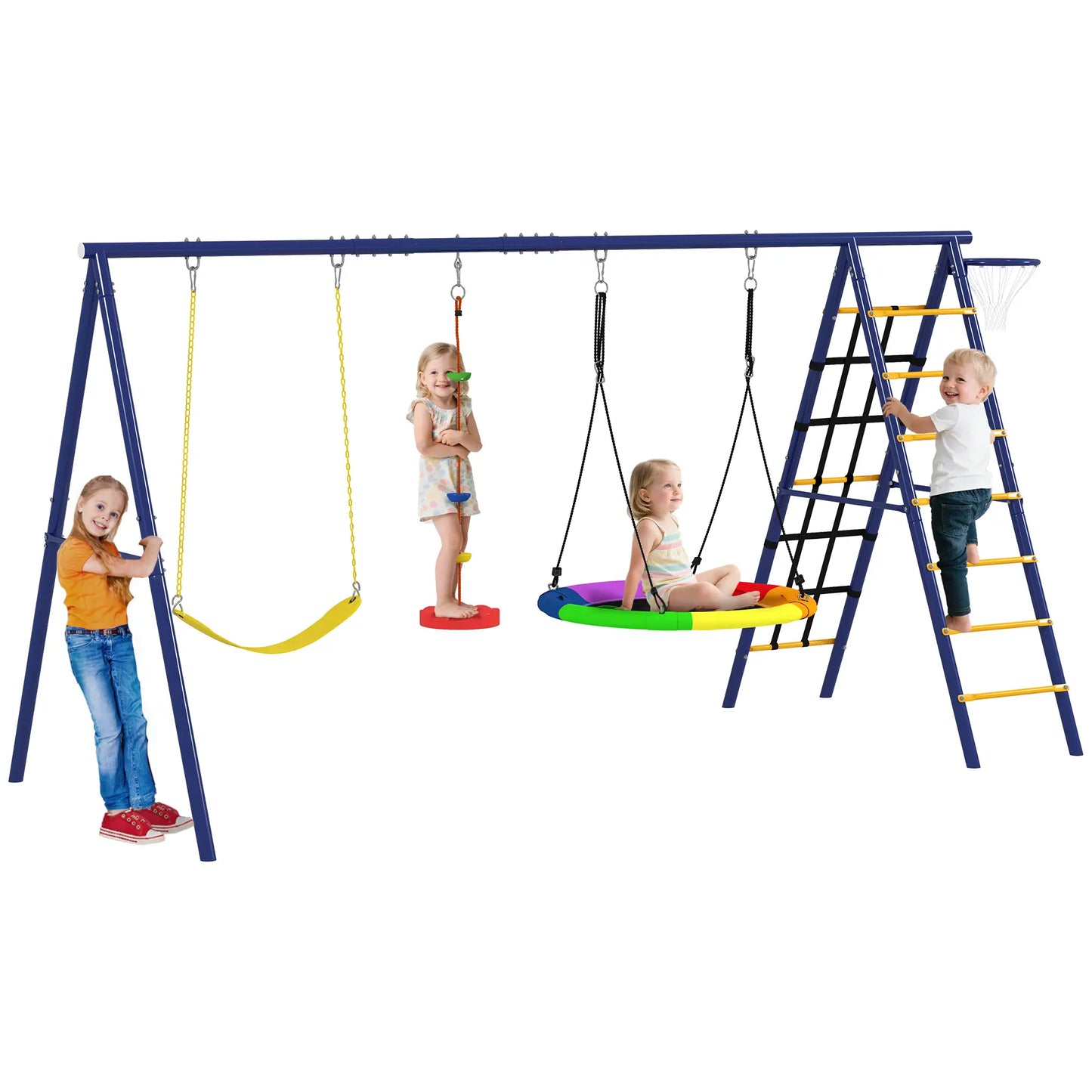 6 in 1 Metal Kids Swing Set with 3 Swings, Climbing Ladder & Net, Basketball Hoop, for Ages 3-8