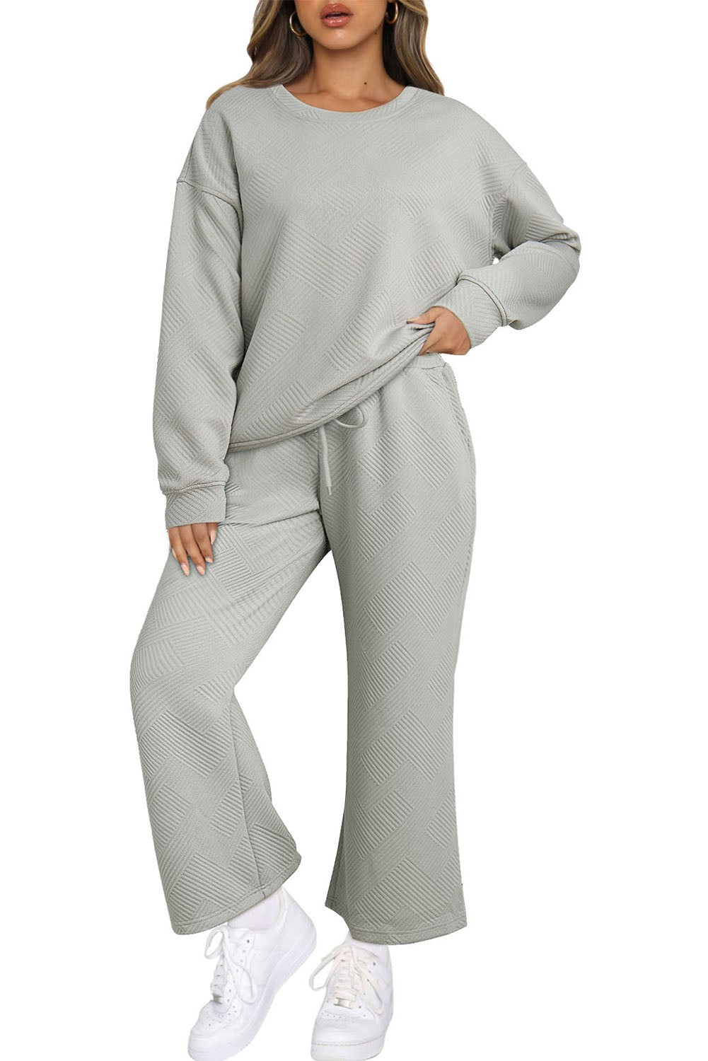 Textured Loose Slouchy Long Sleeve Top and Pants Set