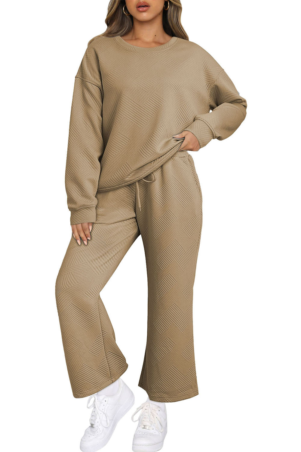 Textured Loose Slouchy Long Sleeve Top and Pants Set