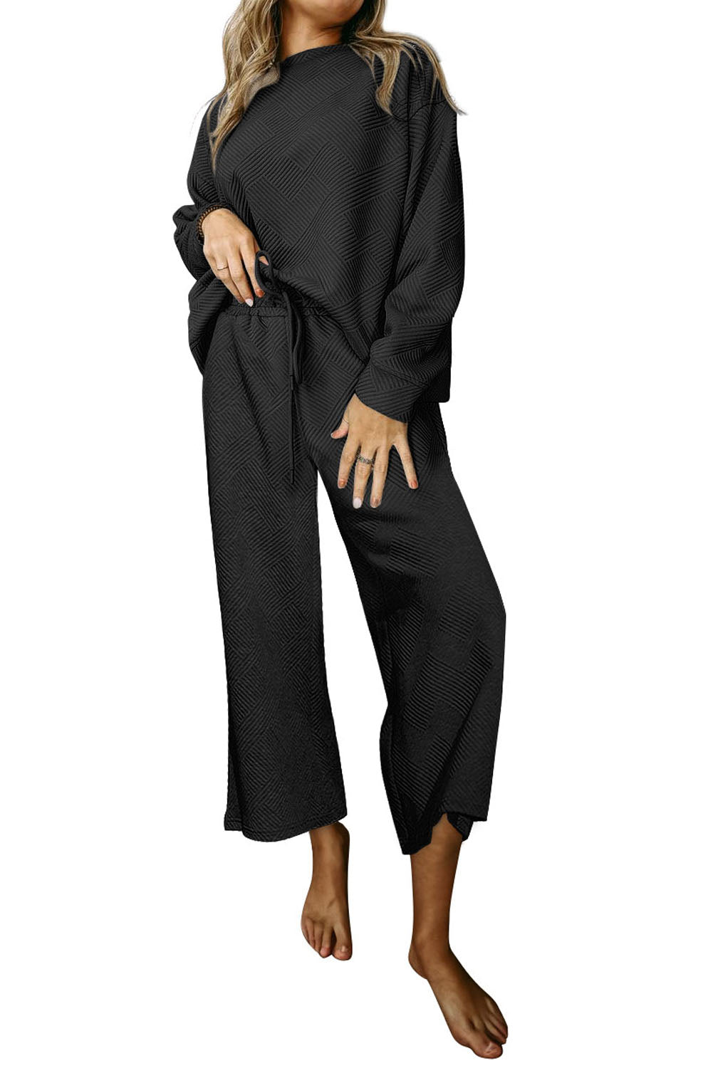 Textured Loose Slouchy Long Sleeve Top and Pants Set