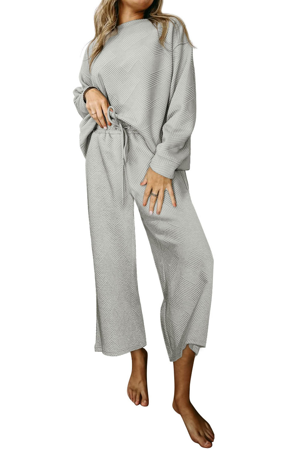 Textured Loose Slouchy Long Sleeve Top and Pants Set
