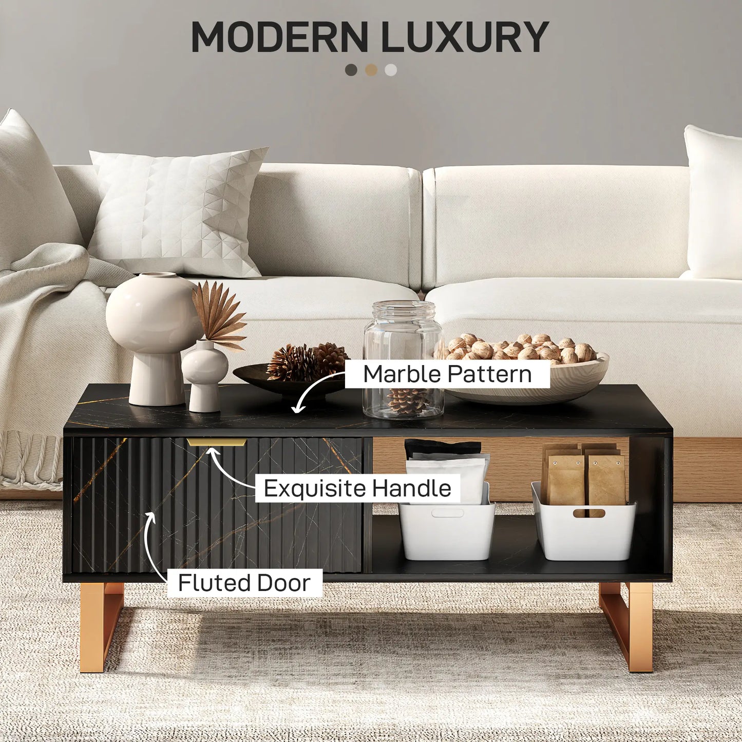 Elegant Marble Effect Storage Coffee Table - Black