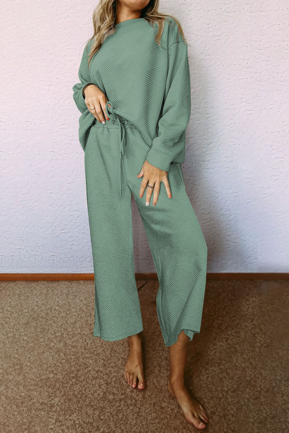 Textured Loose Slouchy Long Sleeve Top and Pants Set