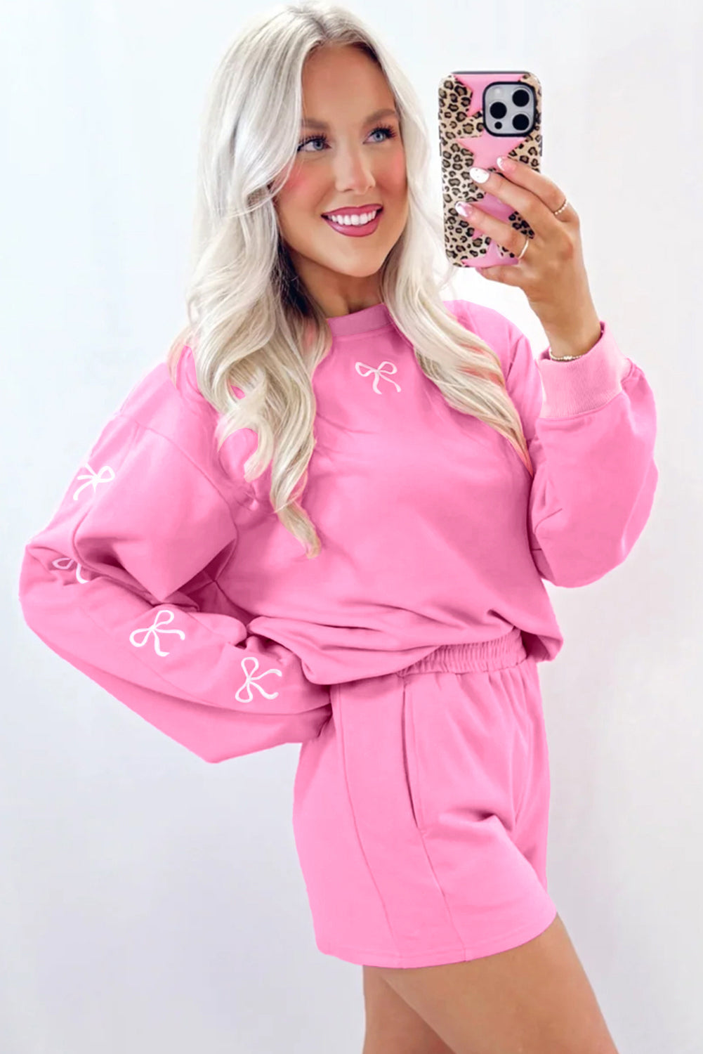 Bow Embroidery Long Sleeve Pullover and High Waist Shorts Set