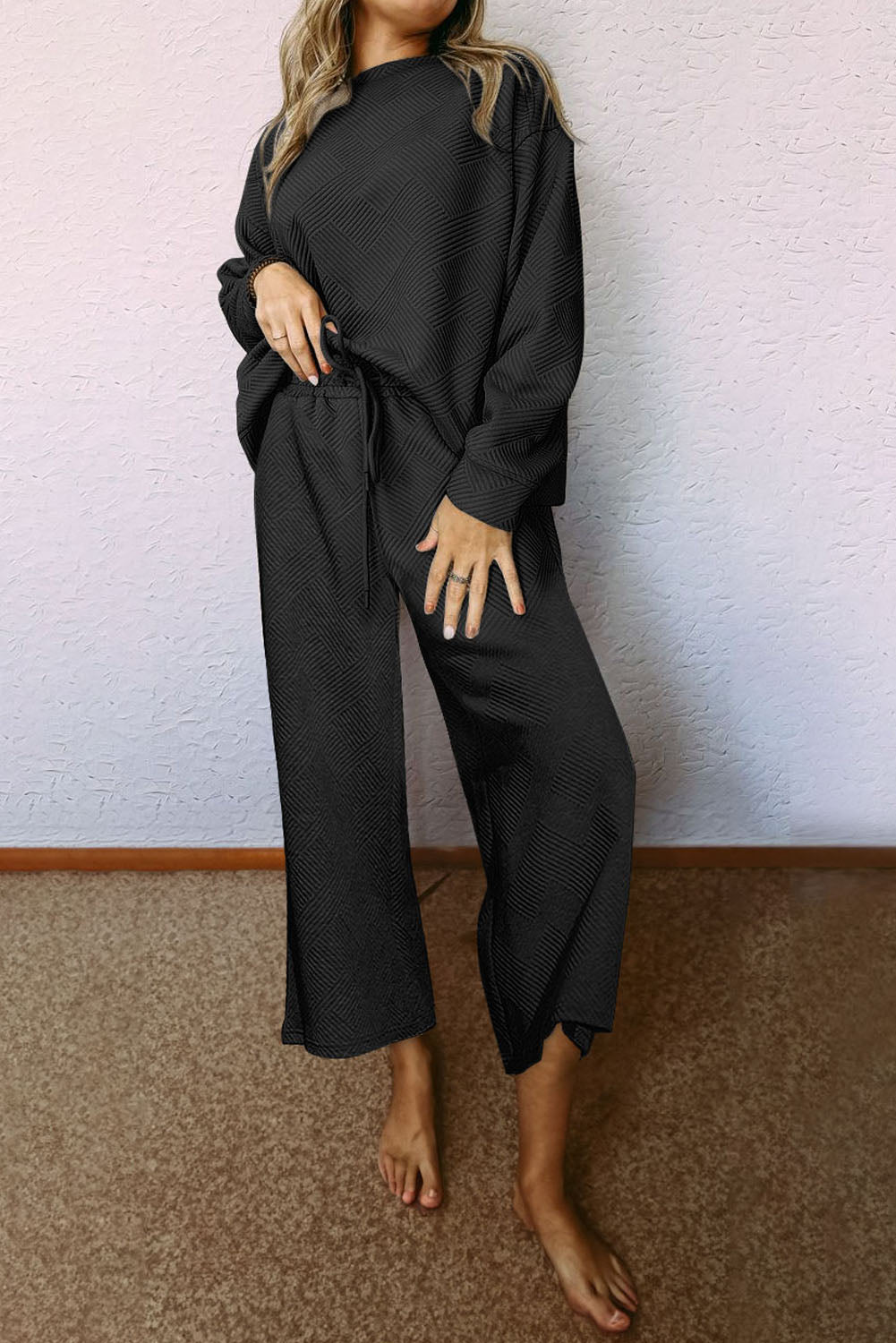 Textured Loose Slouchy Long Sleeve Top and Pants Set