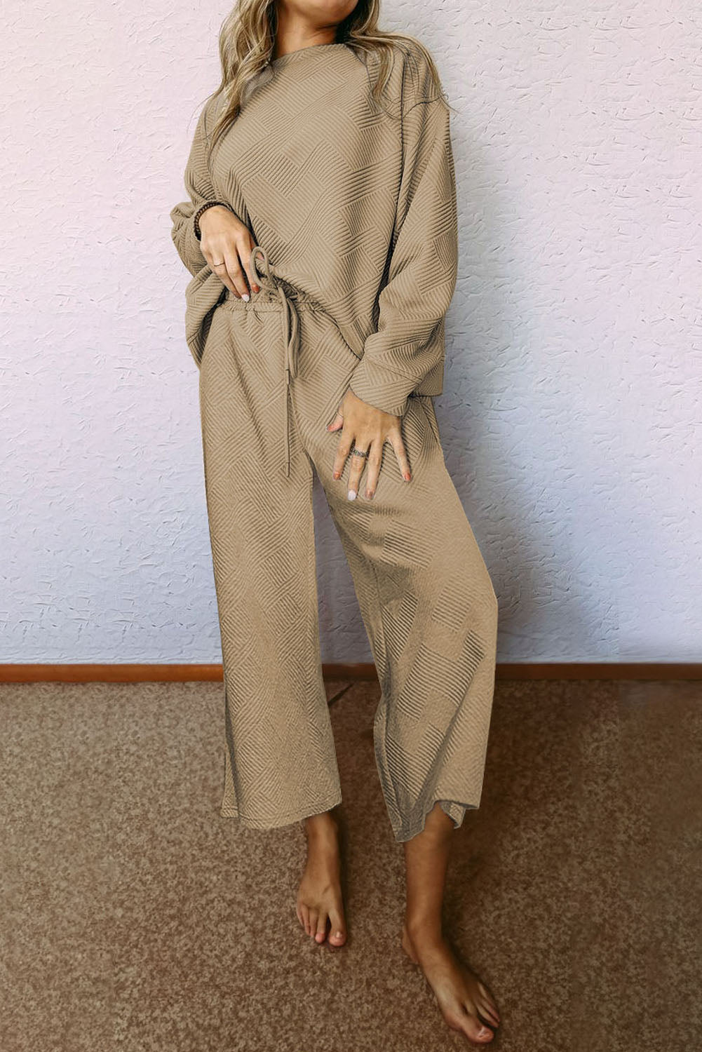 Textured Loose Slouchy Long Sleeve Top and Pants Set