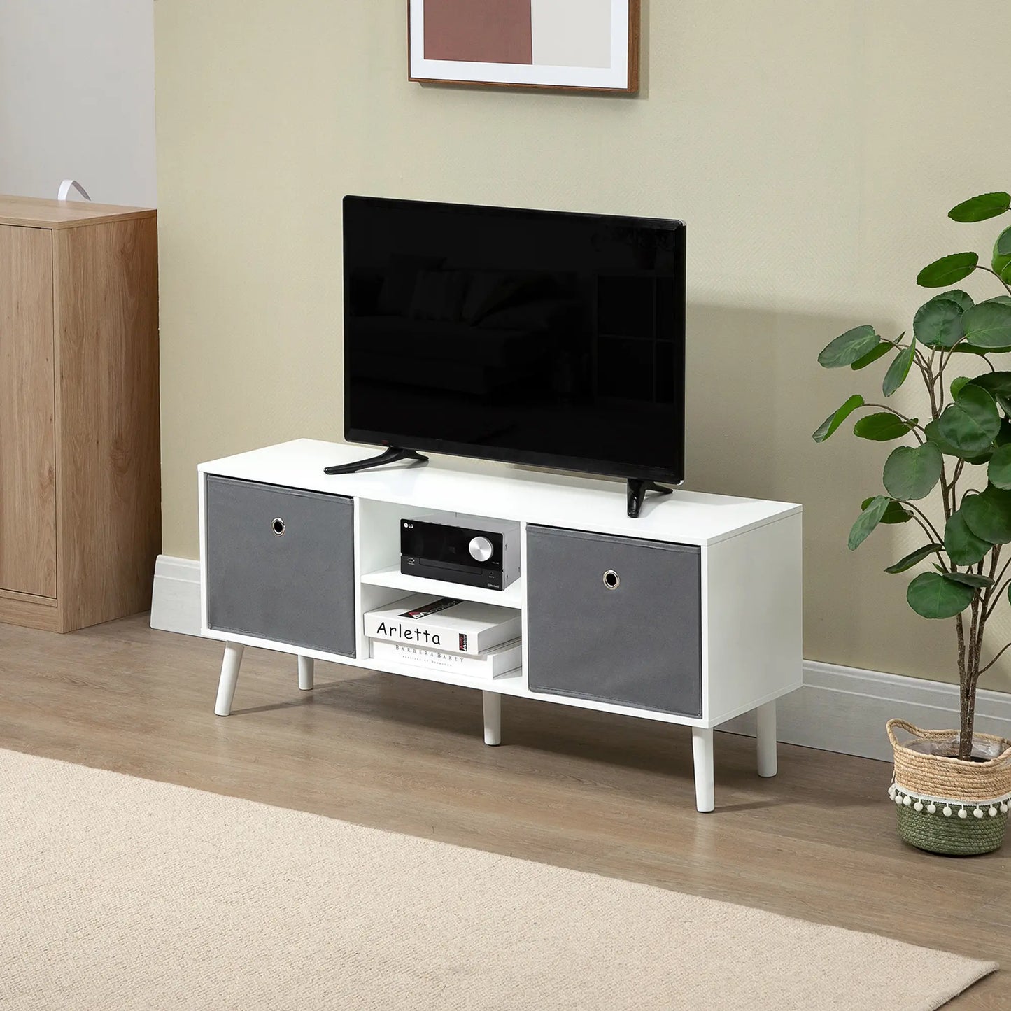 White TV Cabinet Stand Unit for TVs up to 50'' with Foldable Drawers,