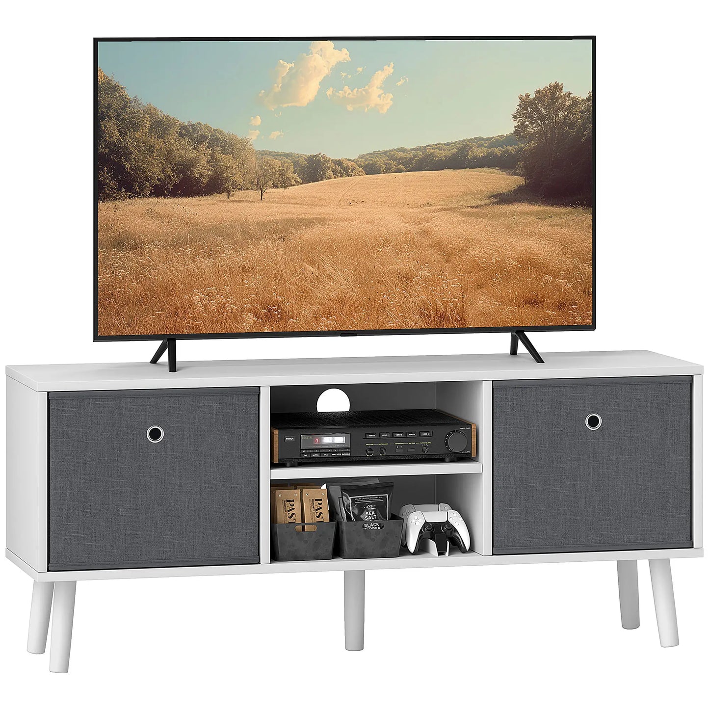 White TV Cabinet Stand Unit for TVs up to 50'' with Foldable Drawers,