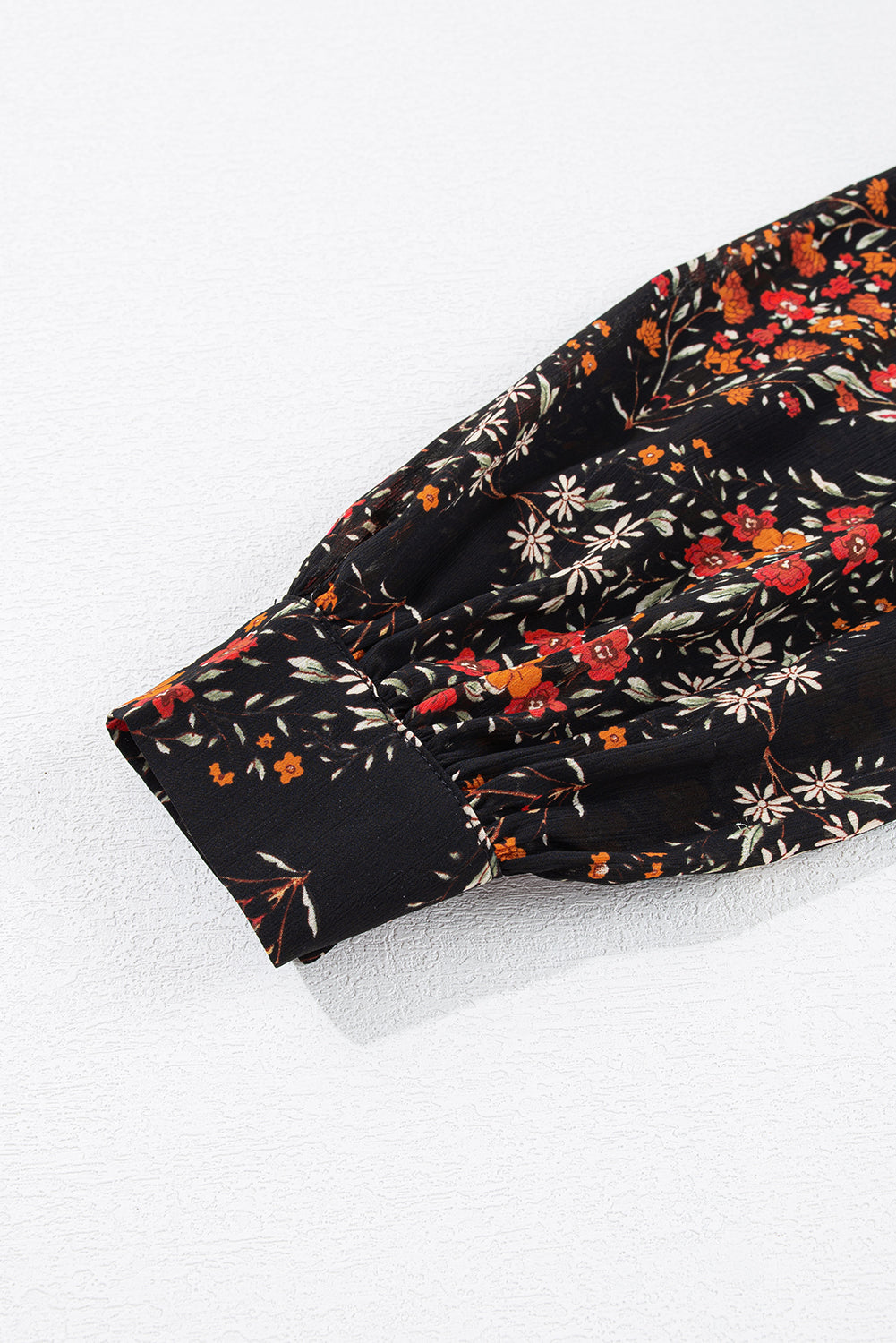 Black Floral Print Collared Button Up Puff Sleeve Shirt