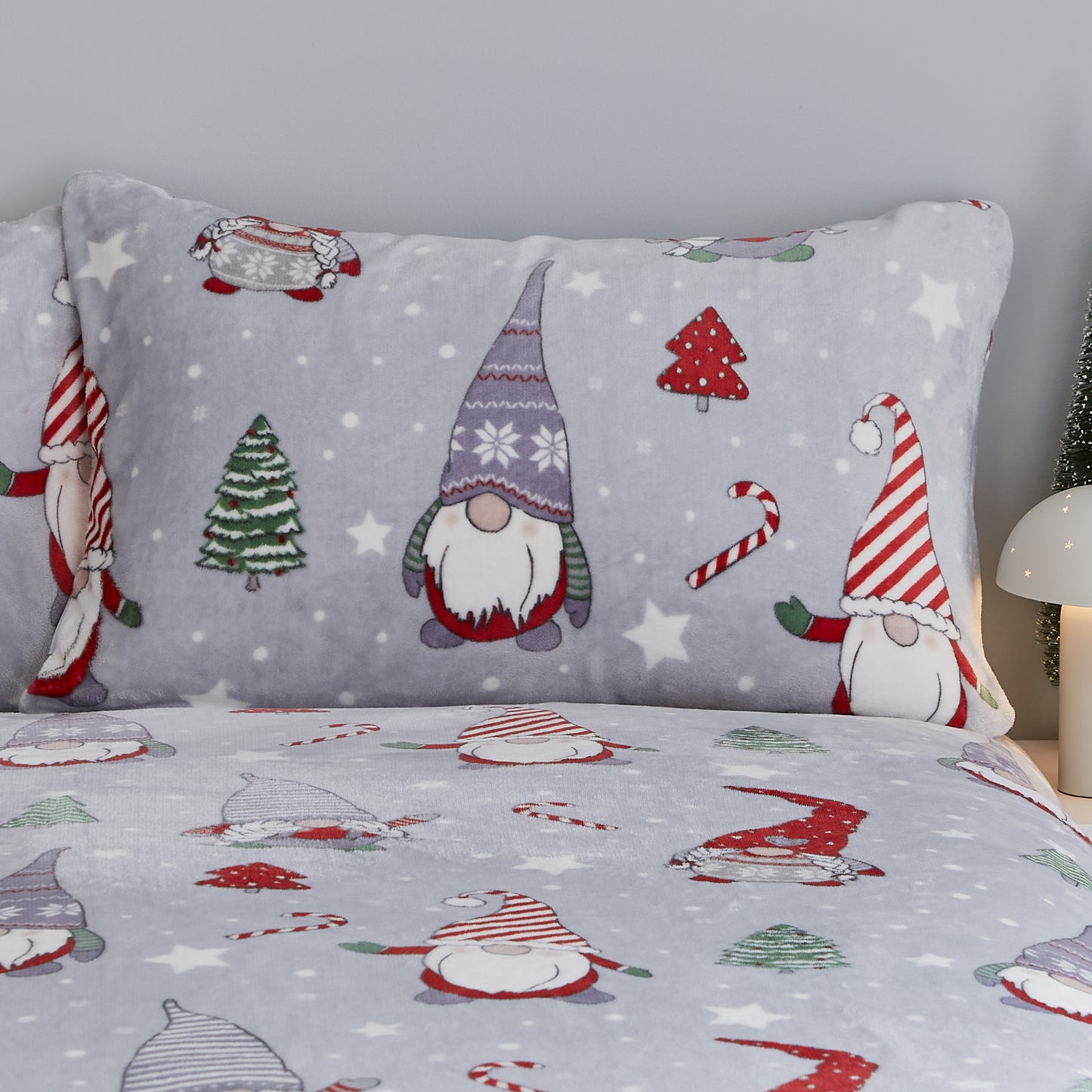 Christmas Festive Gnomes Cosy Fleece Duvet Cover Set in Grey
