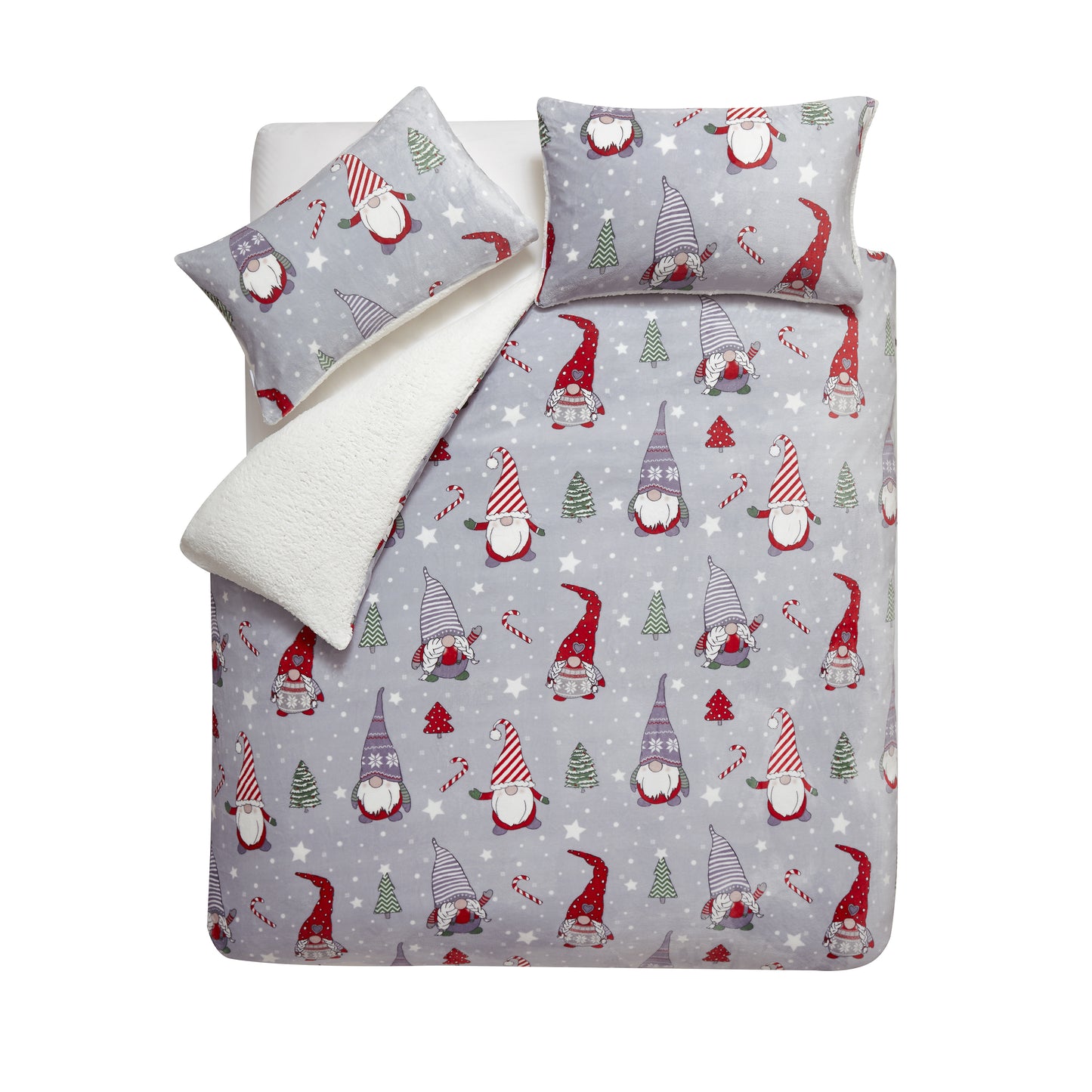 Christmas Festive Gnomes Cosy Fleece Duvet Cover Set in Grey
