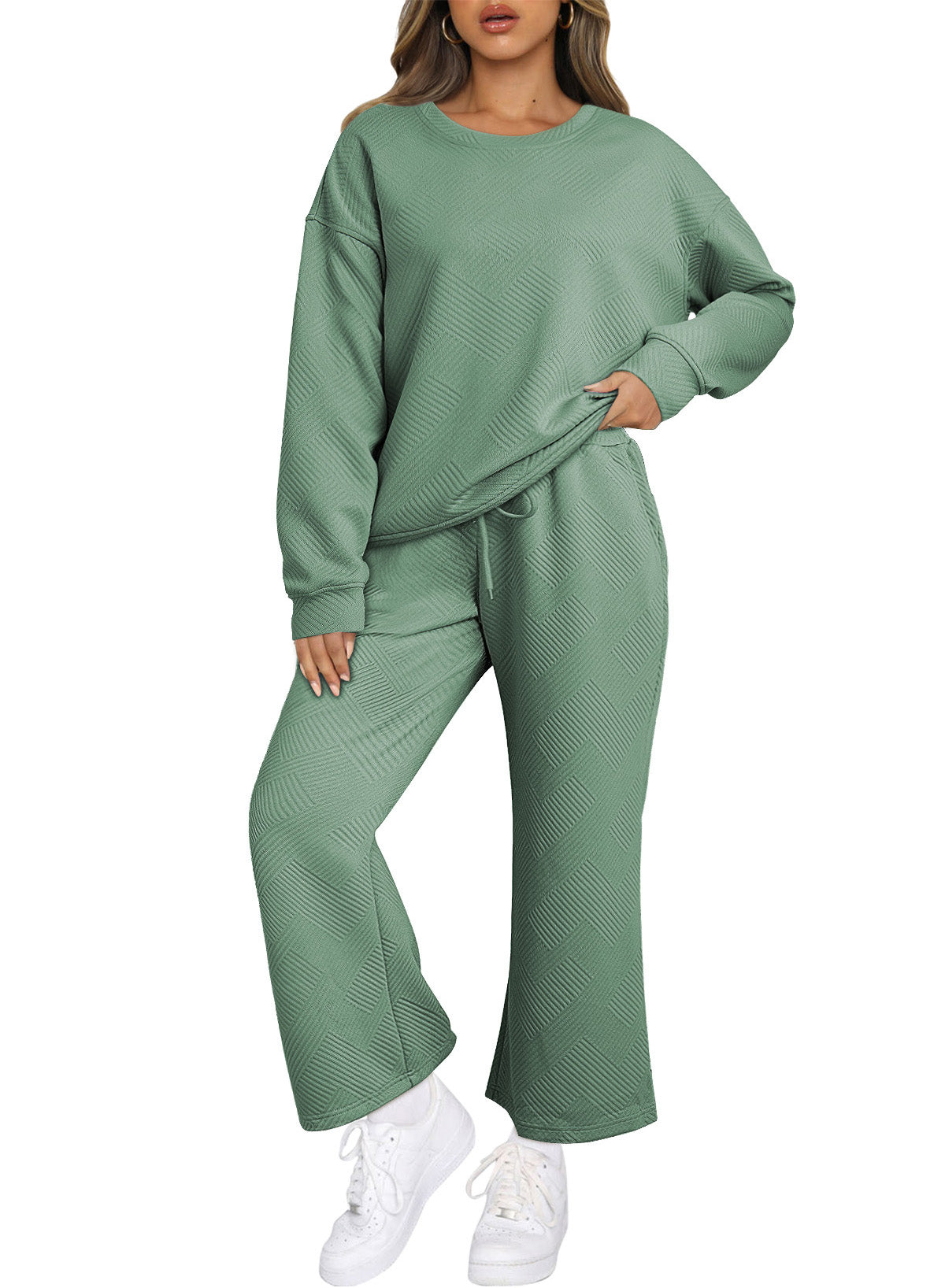Textured Loose Slouchy Long Sleeve Top and Pants Set
