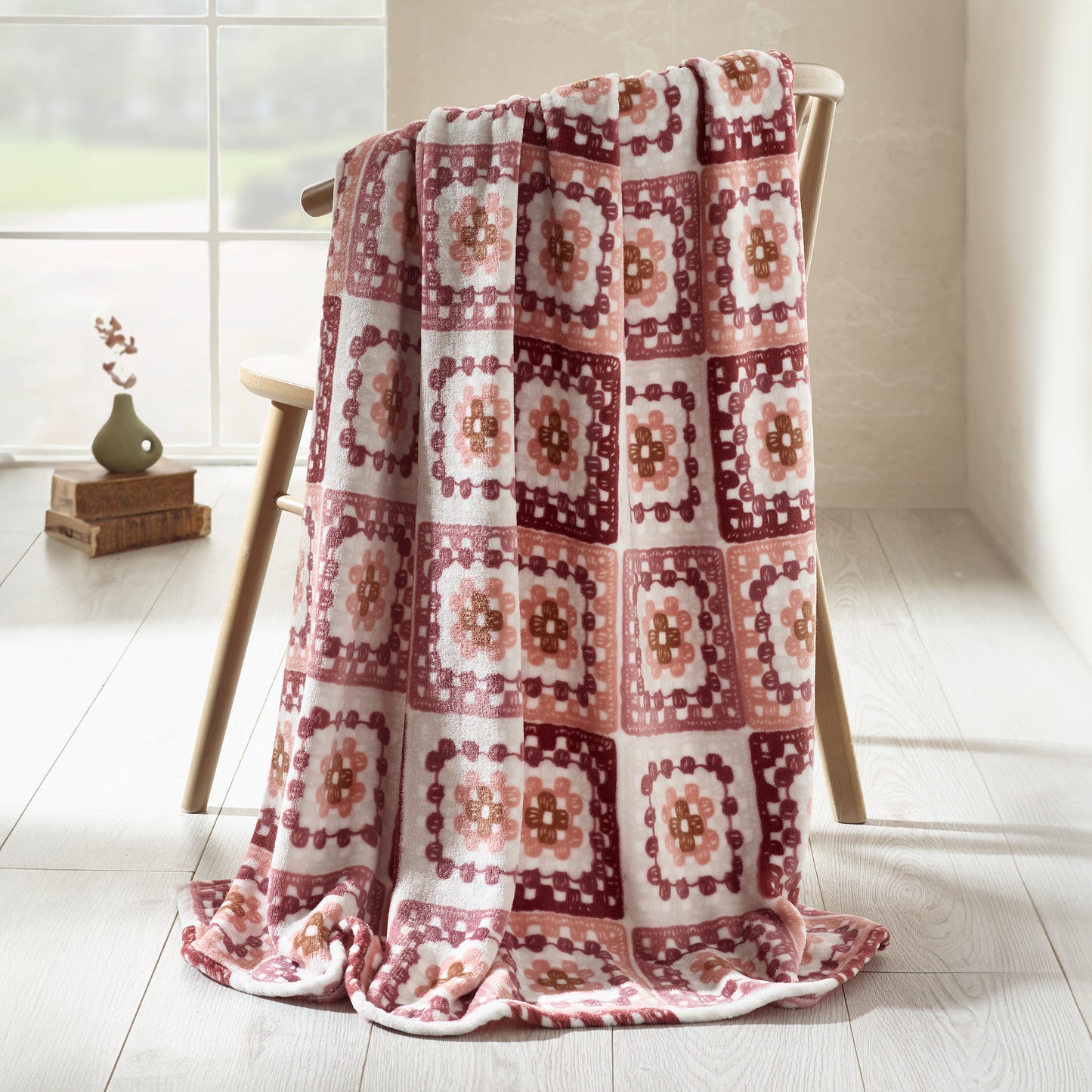 Catherine Lansfield Pink Crochet Print Blanket Throw
