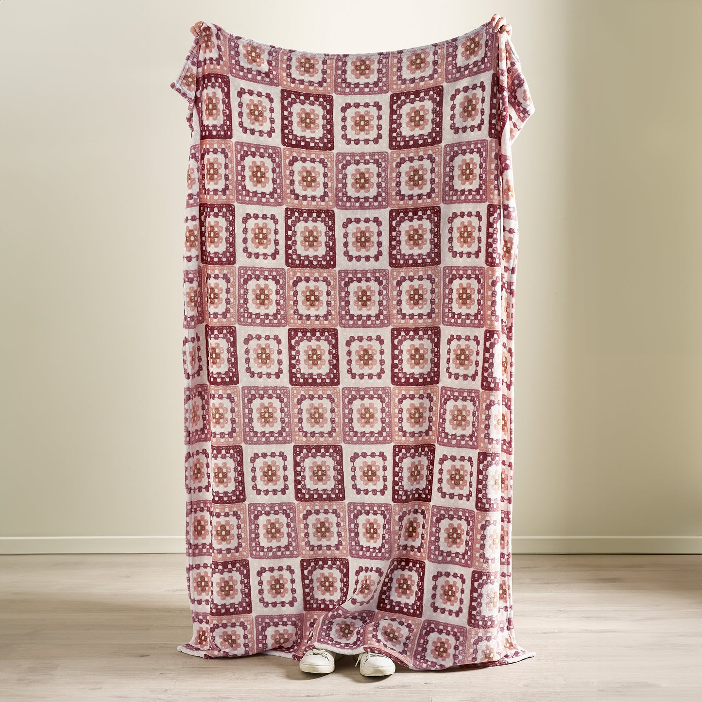 Catherine Lansfield Pink Crochet Print Blanket Throw