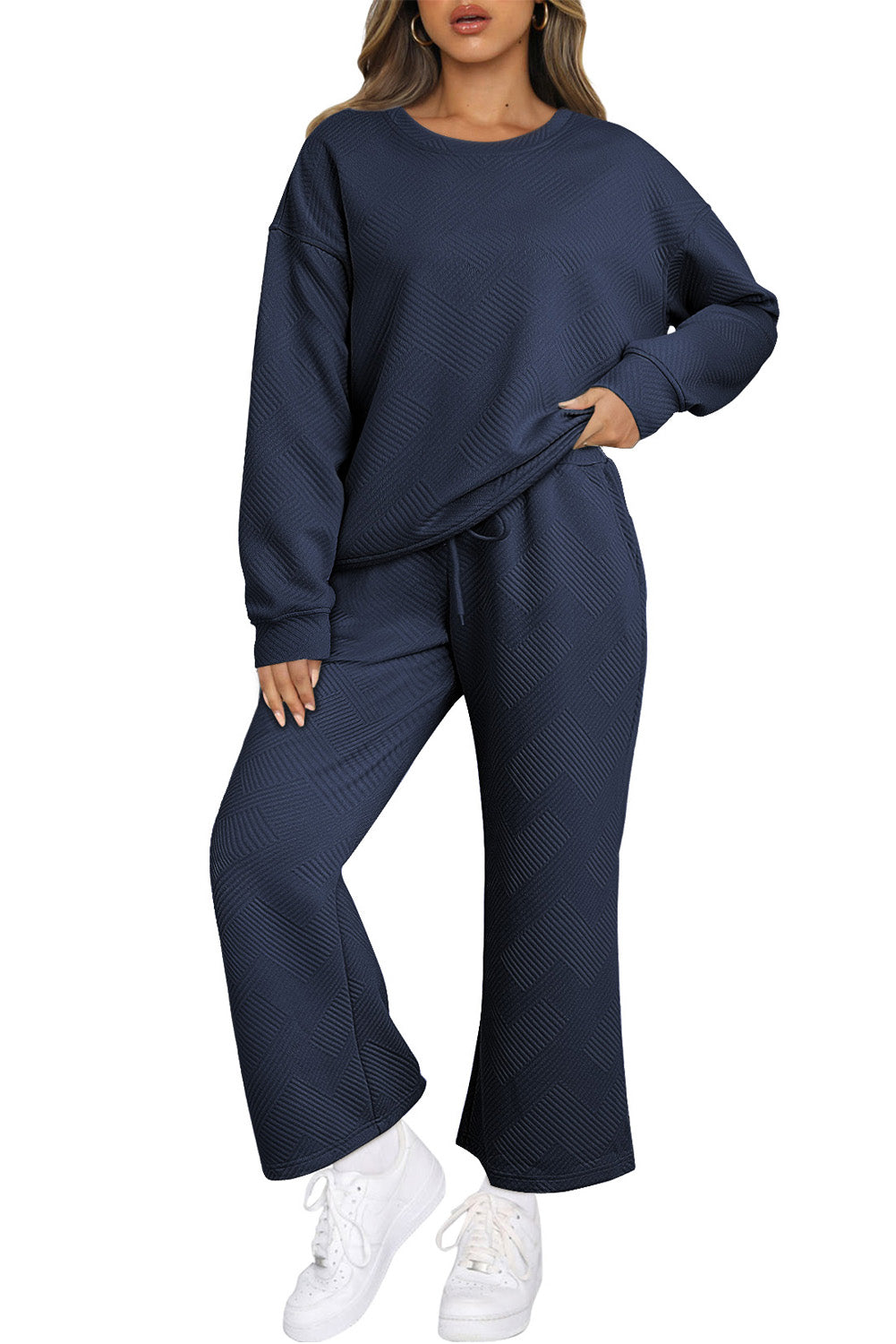Textured Loose Slouchy Long Sleeve Top and Pants Set