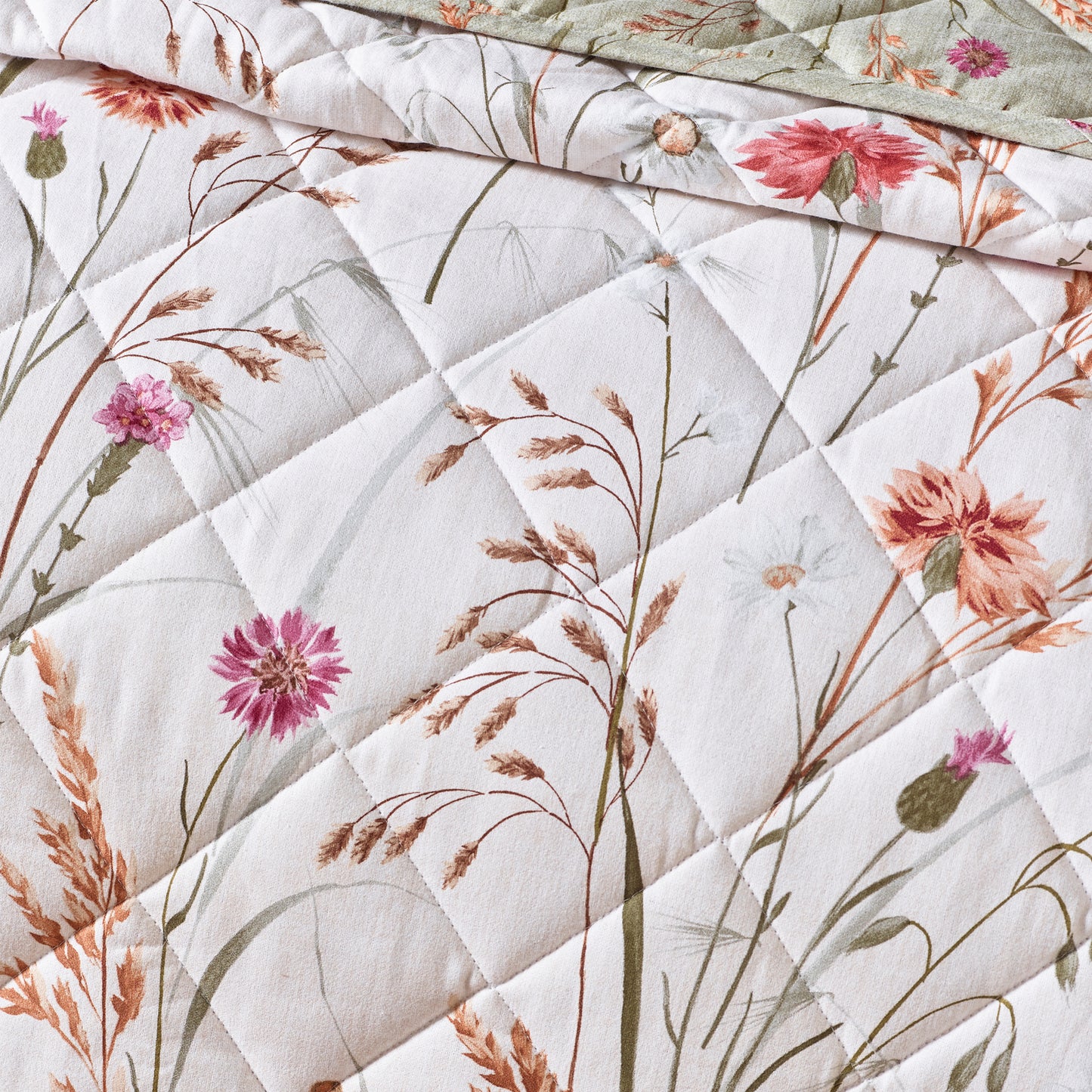 Catherine Lansfield Green Brushed Grasmere Floral Cotton Reversible Quilted Bedspread