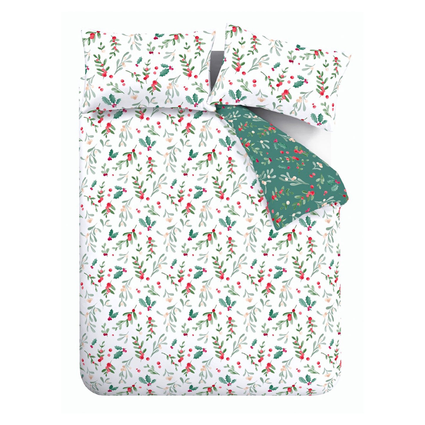 Brushed Cotton Christmas Holly and Mistletoe Duvet Cover Set in White Green