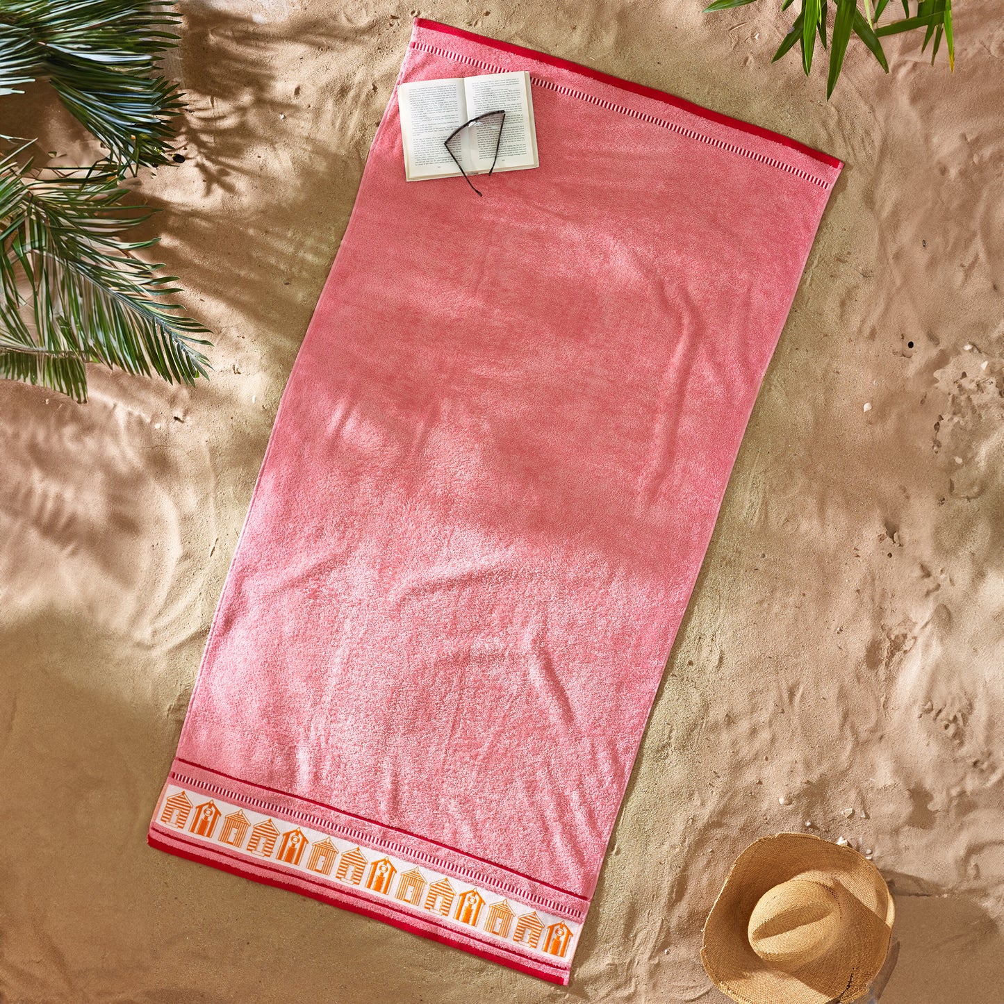 Beach Huts Cotton Extra Large Beach Towel in Coral by Catherine Lansfield