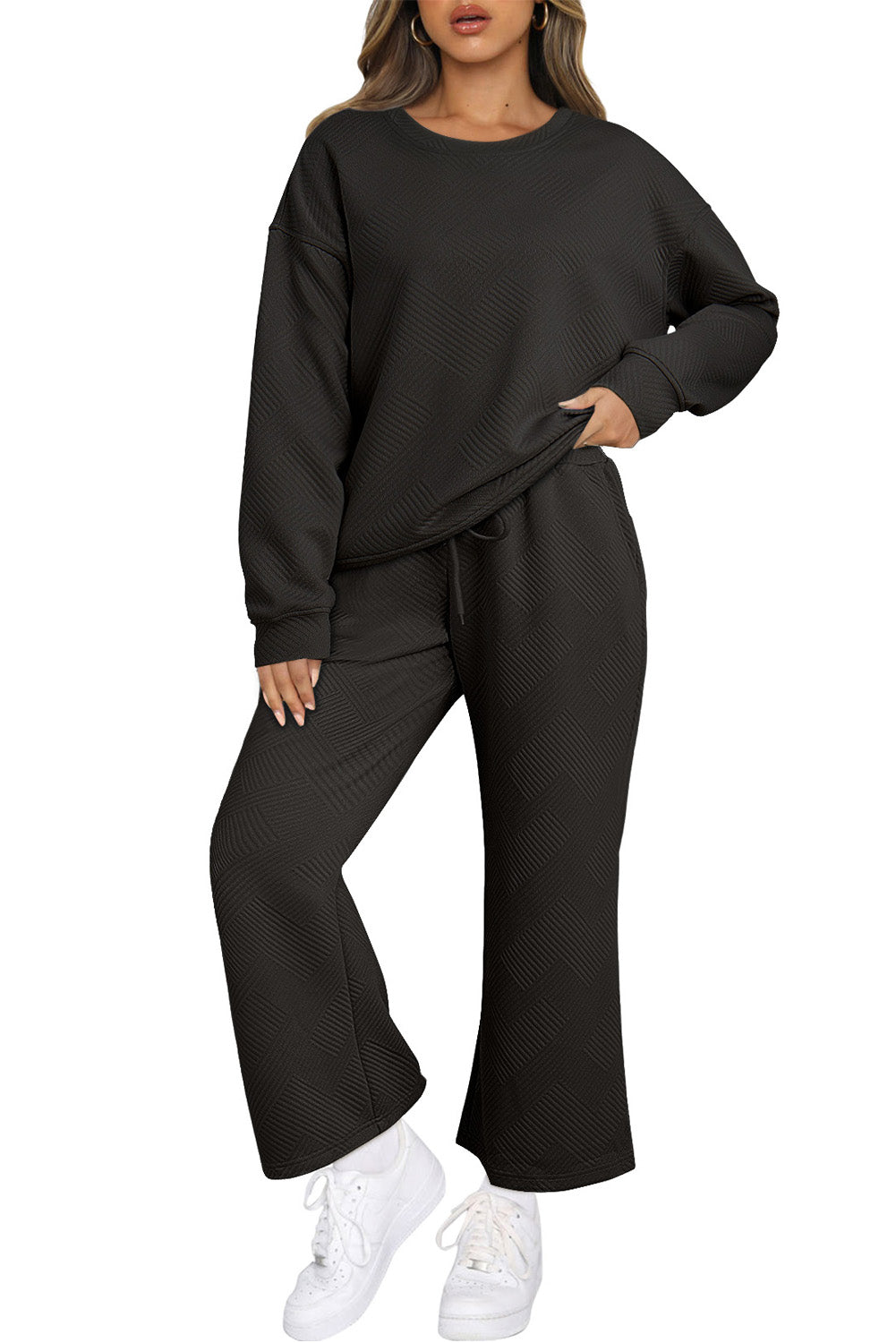 Textured Loose Slouchy Long Sleeve Top and Pants Set