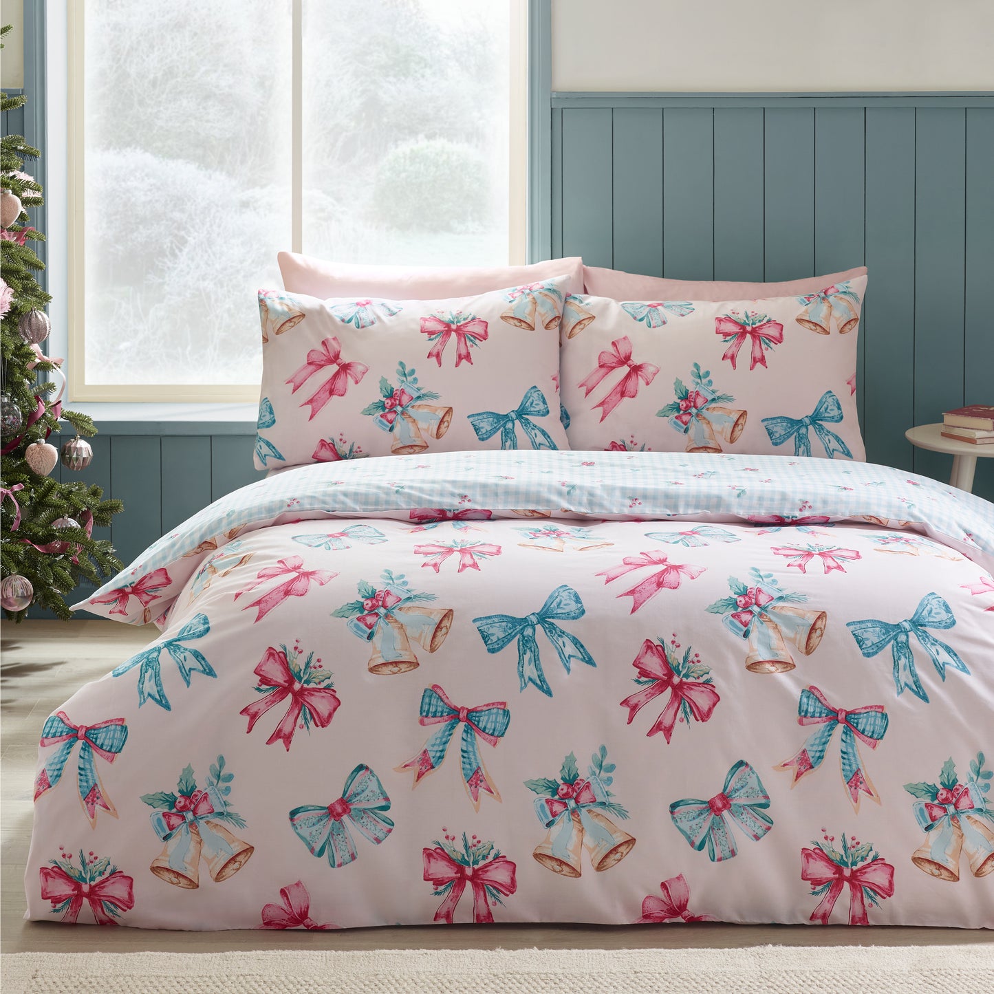 Christmas Bows and Bells Reversible Duvet Cover Set in Pink by Catherine Lansfield