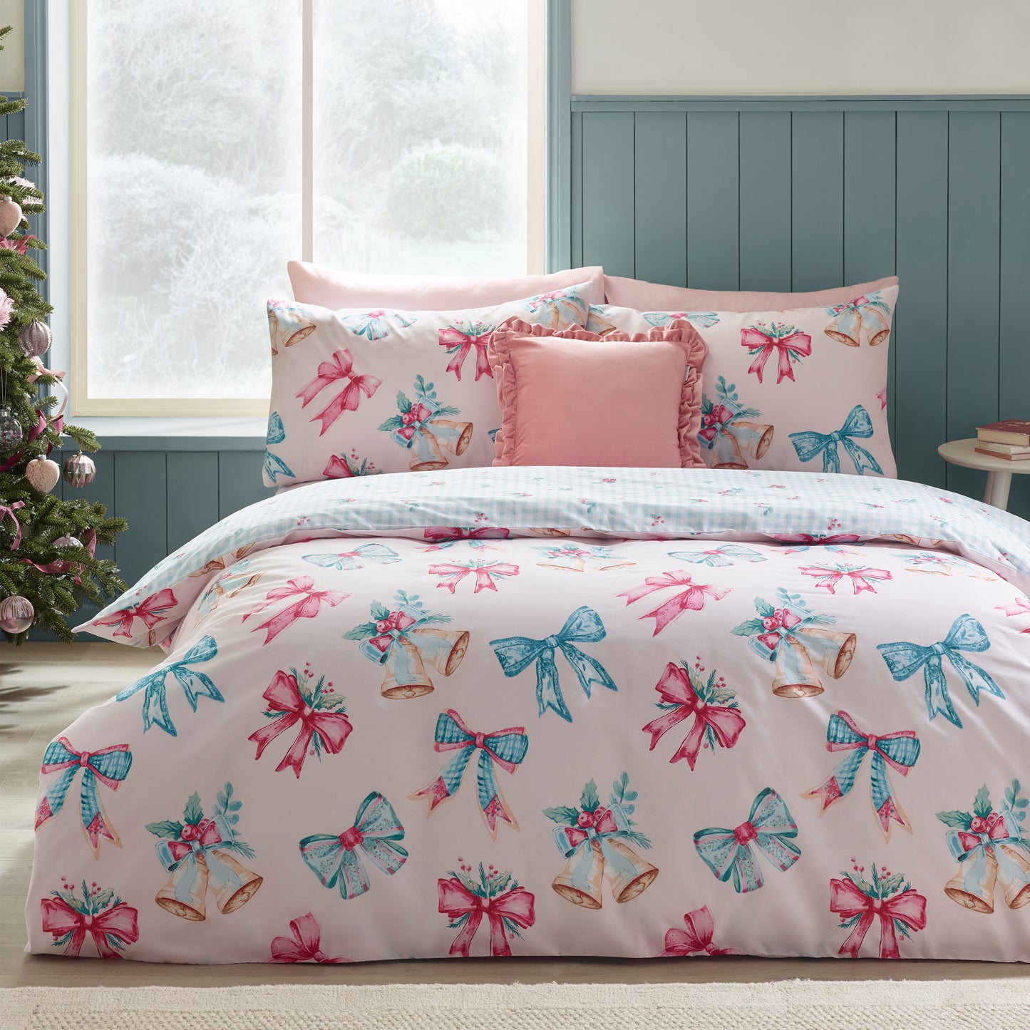 Christmas Bows and Bells Reversible Duvet Cover Set in Pink by Catherine Lansfield