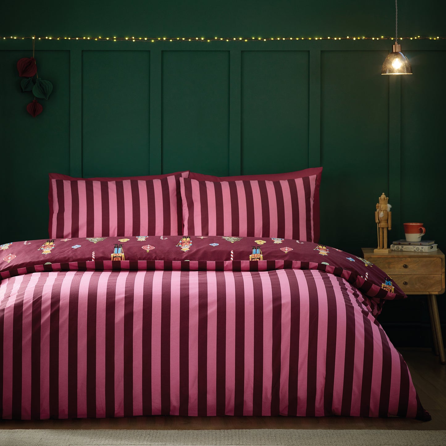 Christmas Nutcracker Stripe Reversible Duvet Cover Set in Plum by Catherine Lansfield