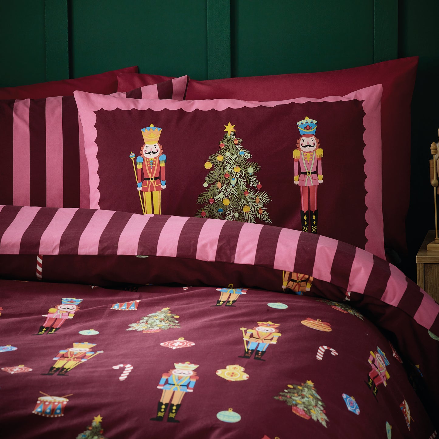 Christmas Nutcracker Stripe Reversible Duvet Cover Set in Plum by Catherine Lansfield