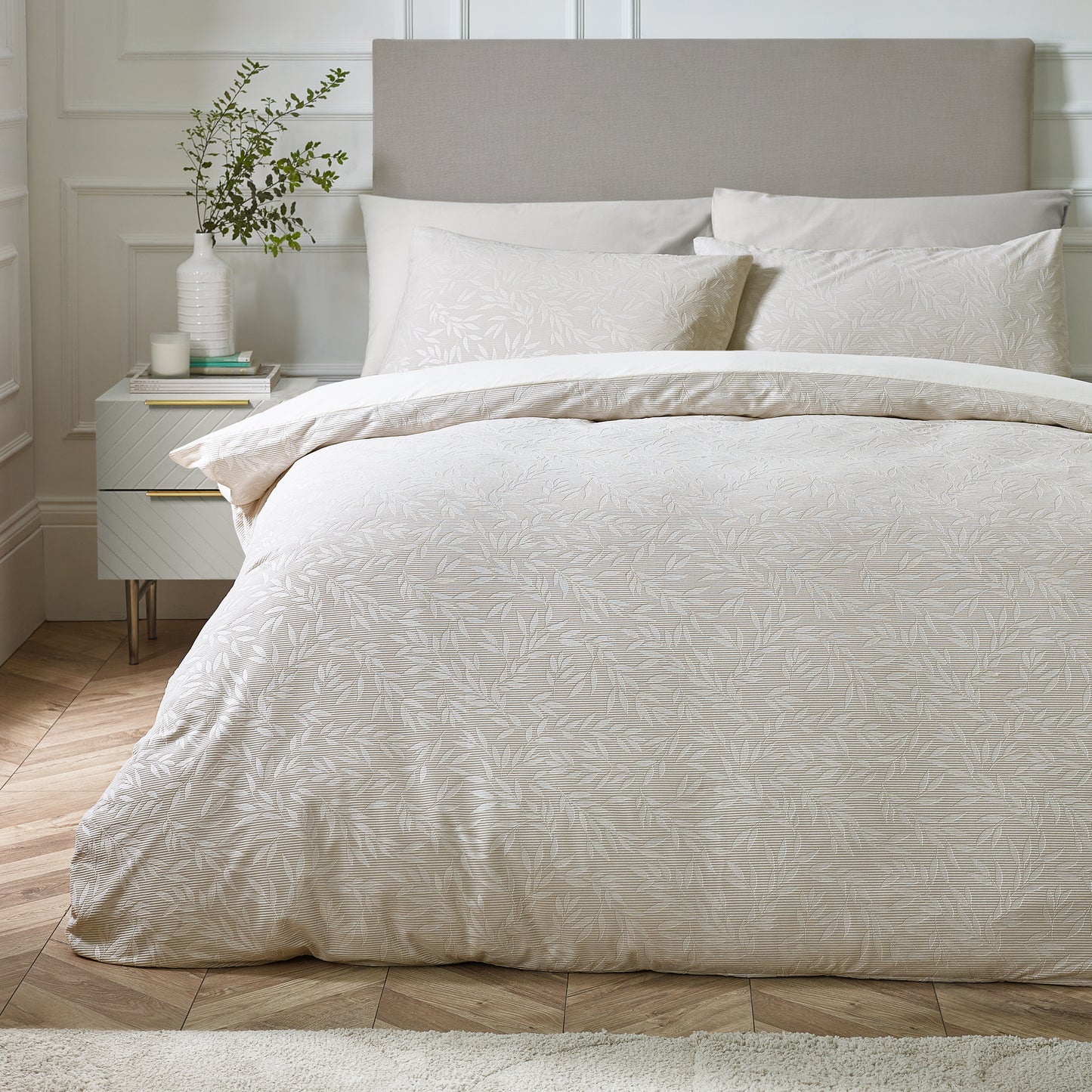 Corded Leaves Duvet Cover Set in Champagne Gold by Catherine Lansfield