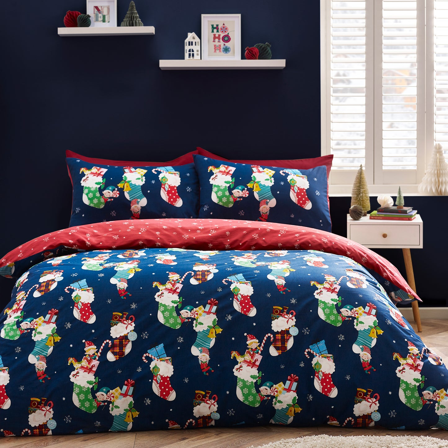 Christmas Elves Cotton Rich Duvet Cover Set in Navy Blue by Catherine Lansfield