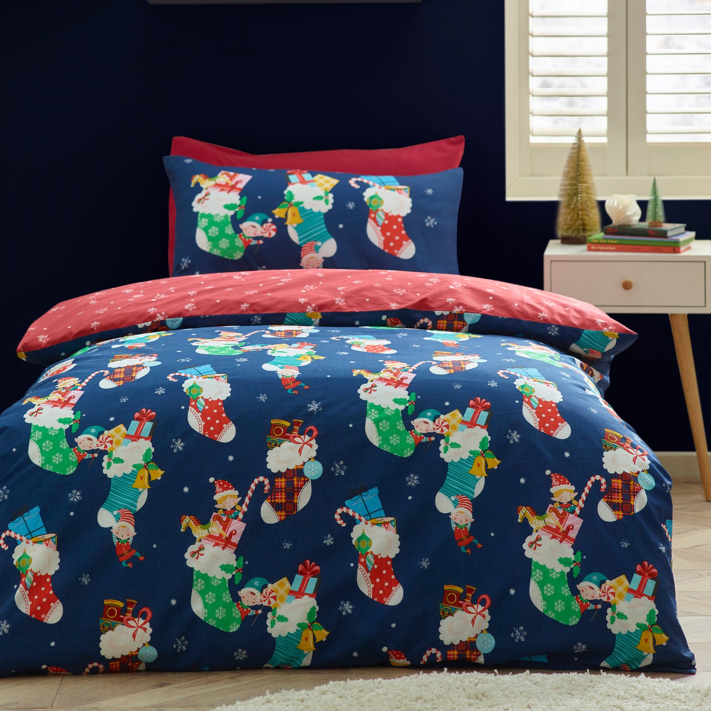 Christmas Elves Cotton Rich Duvet Cover Set in Navy Blue by Catherine Lansfield