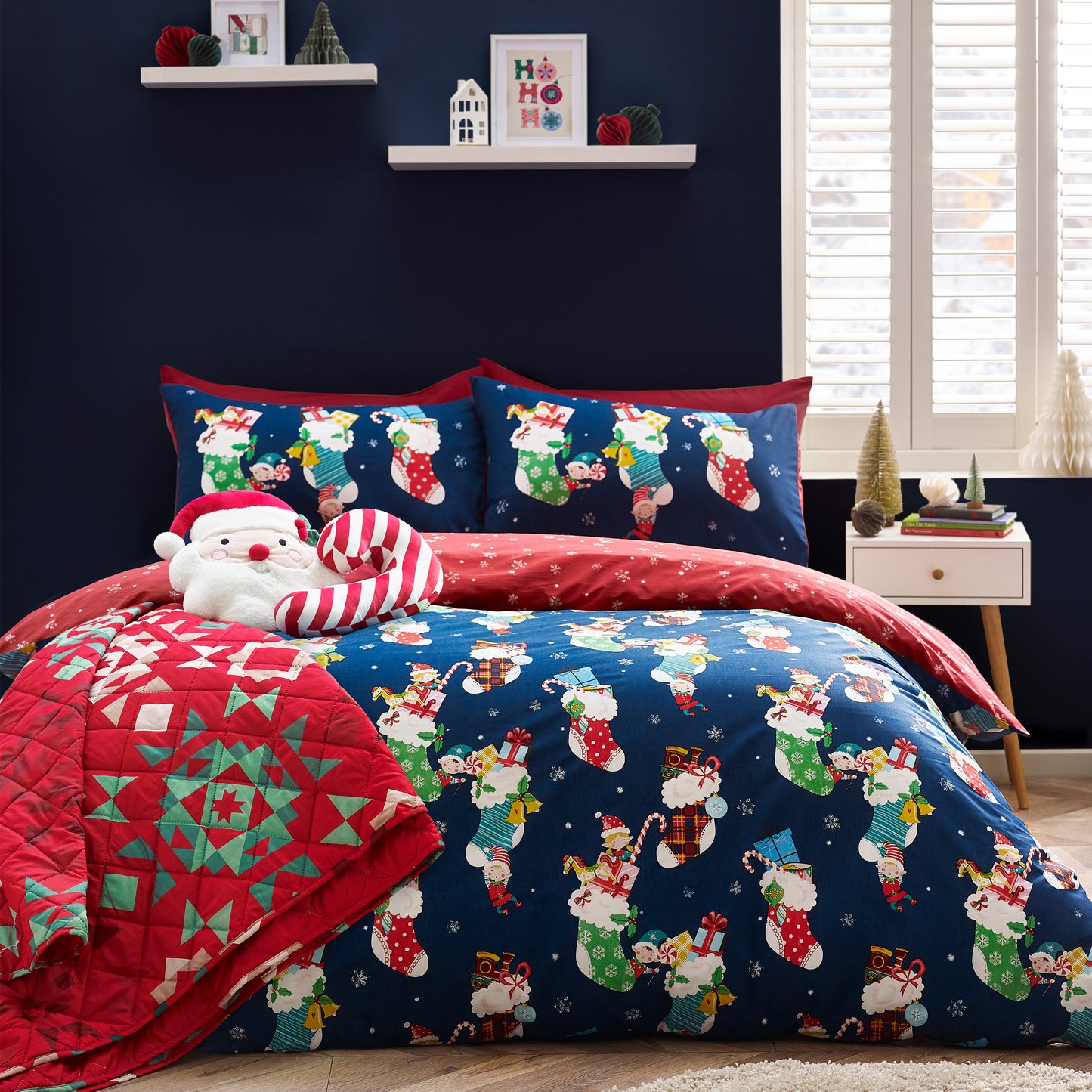 Christmas Elves Cotton Rich Duvet Cover Set in Navy Blue by Catherine Lansfield