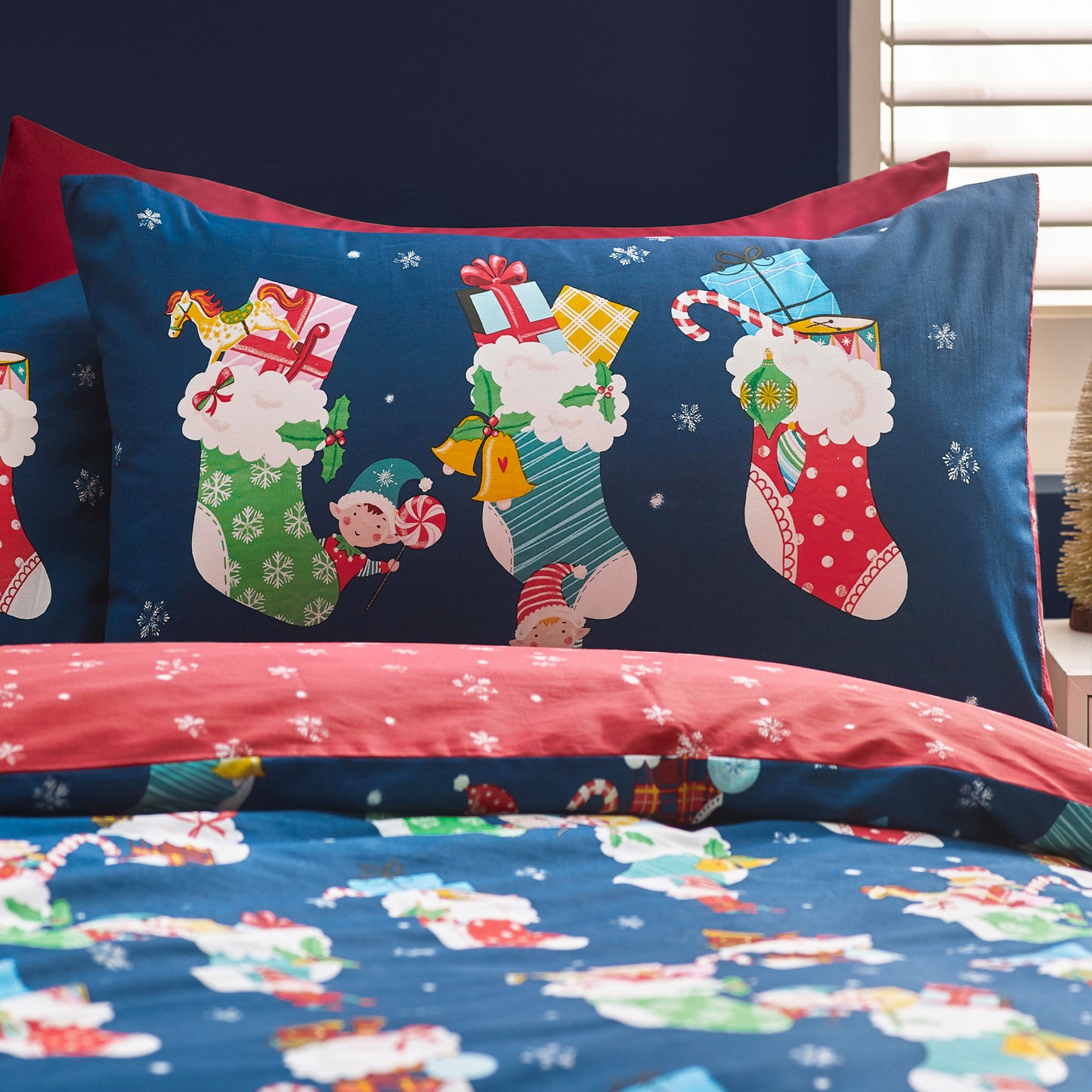 Christmas Elves Cotton Rich Duvet Cover Set in Navy Blue by Catherine Lansfield