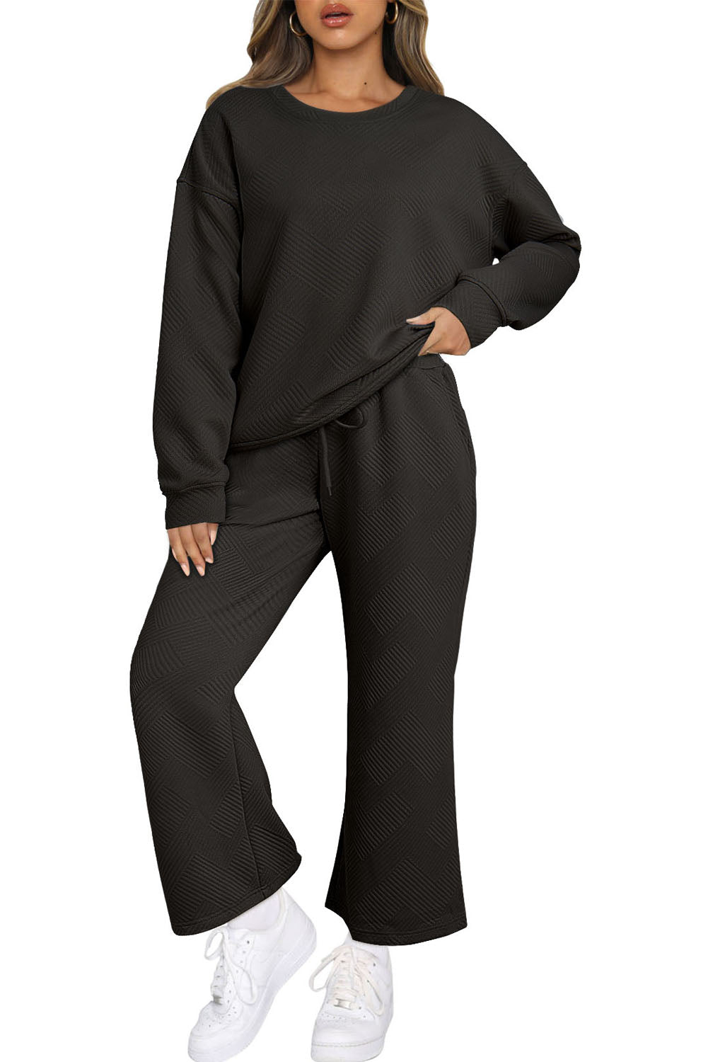 Textured Loose Slouchy Long Sleeve Top and Pants Set
