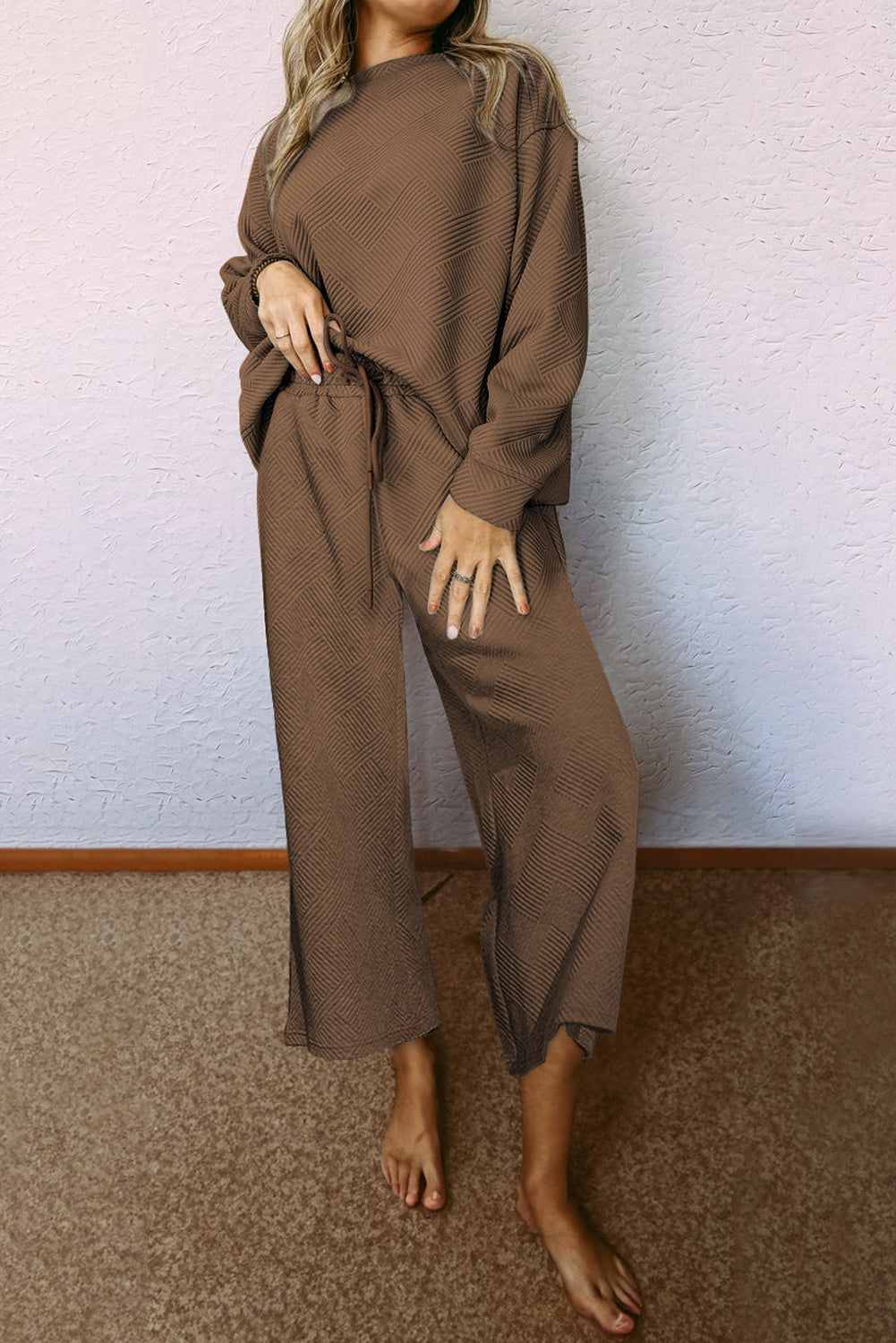 Textured Loose Slouchy Long Sleeve Top and Pants Set