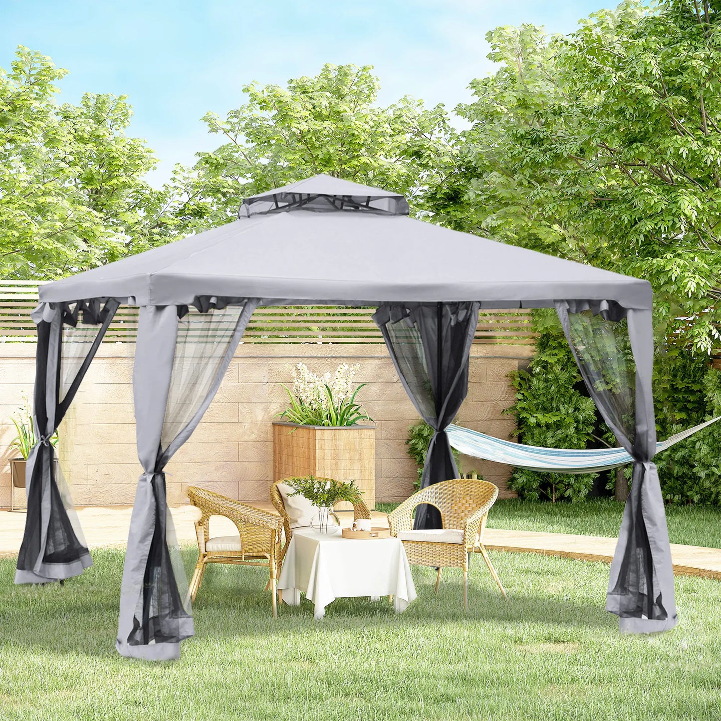 3 x 3 m Metal Gazebo with Double Roof and Mesh Sidewalls - Grey