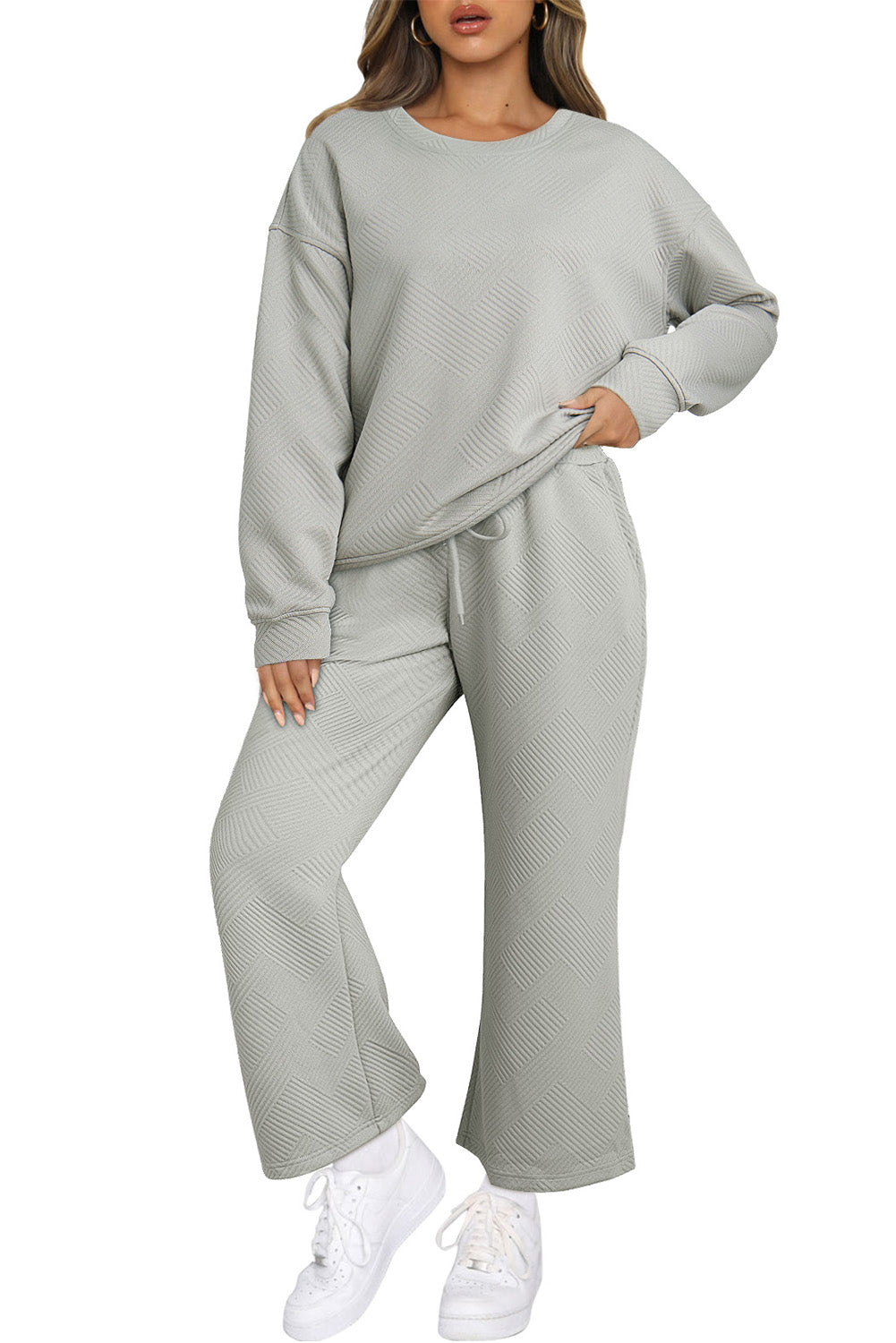 Textured Loose Slouchy Long Sleeve Top and Pants Set