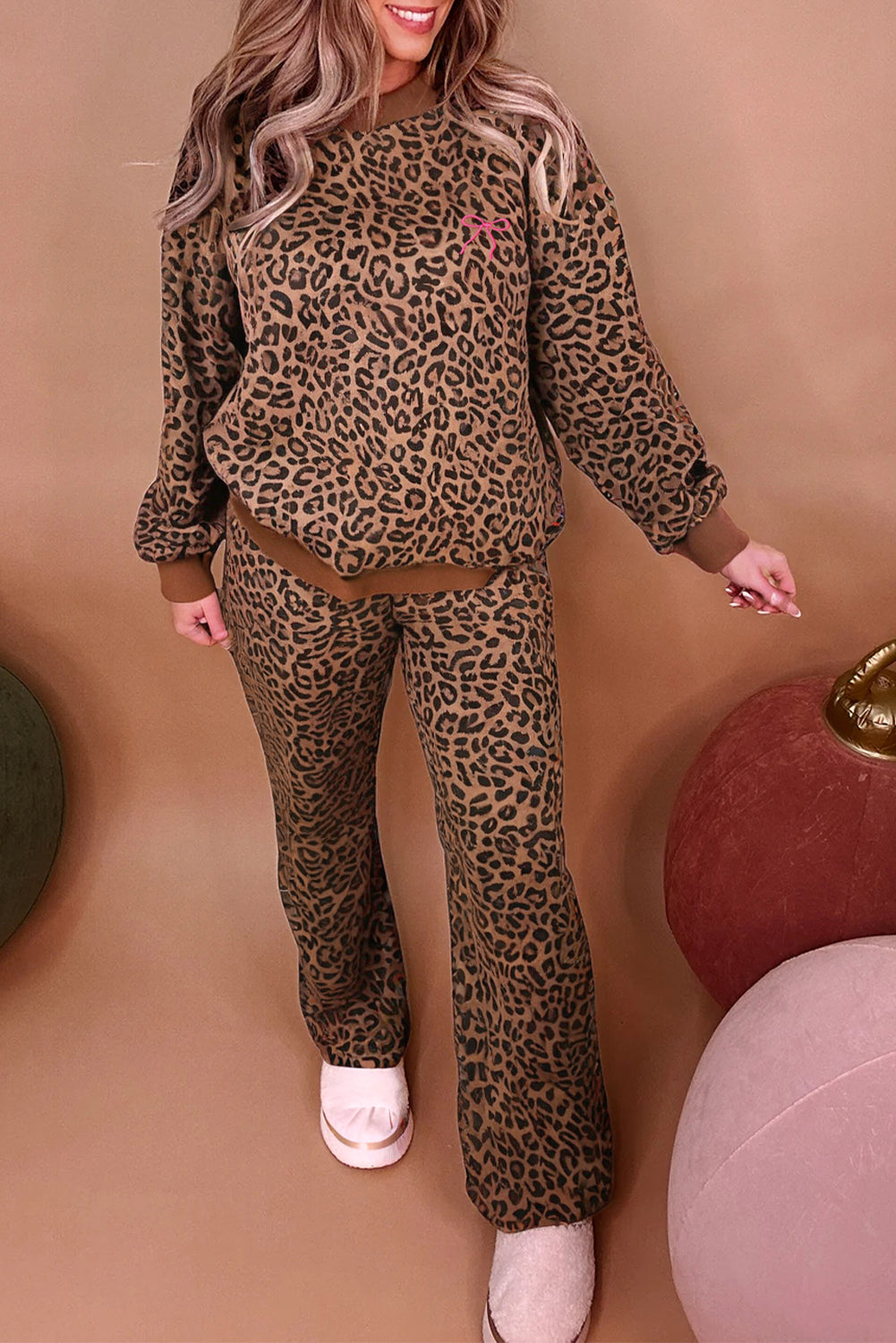 Coffee Allover Leopard Print Contrast Trim Long Sleeve Top and Trouser Set
