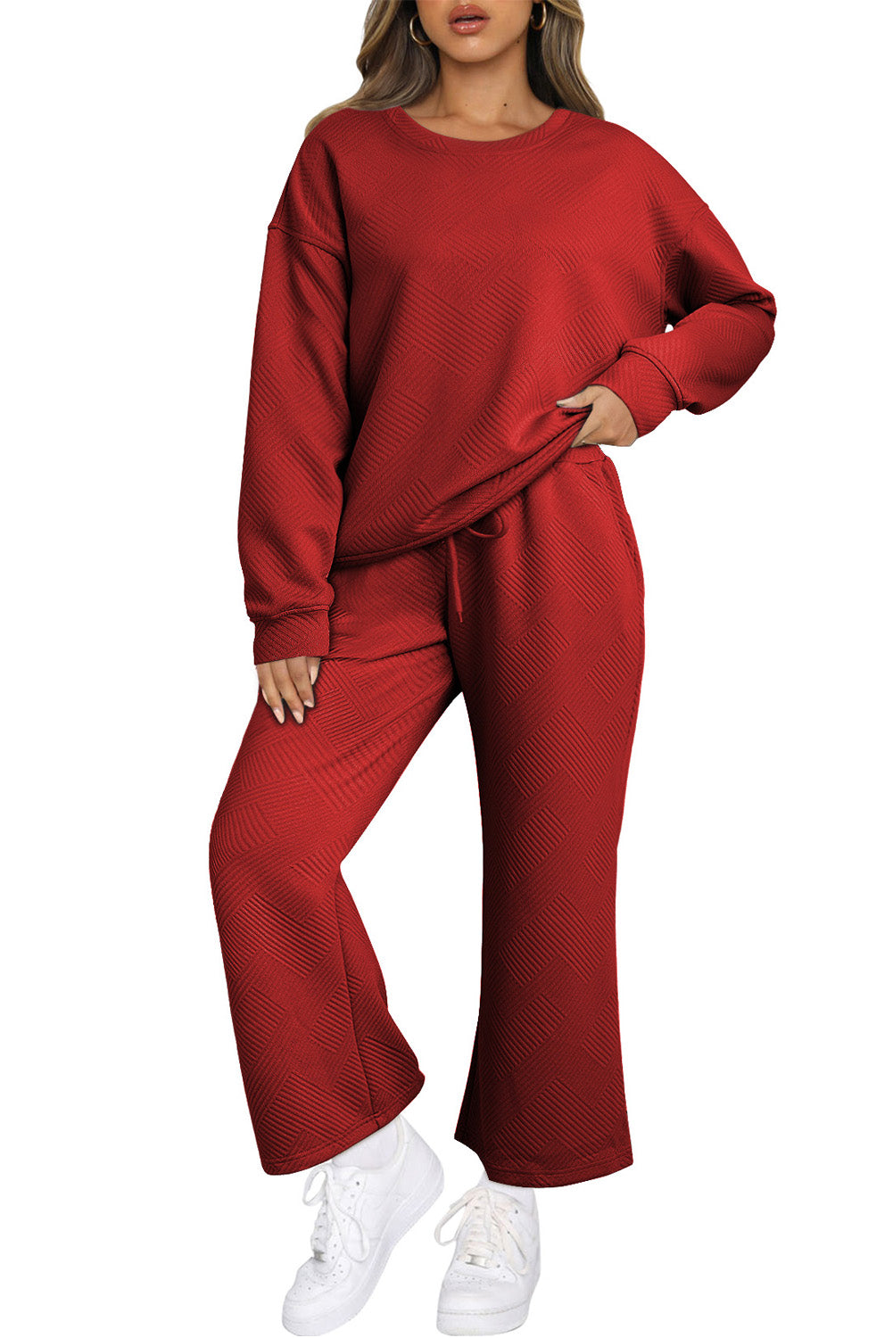 Textured Loose Slouchy Long Sleeve Top and Pants Set