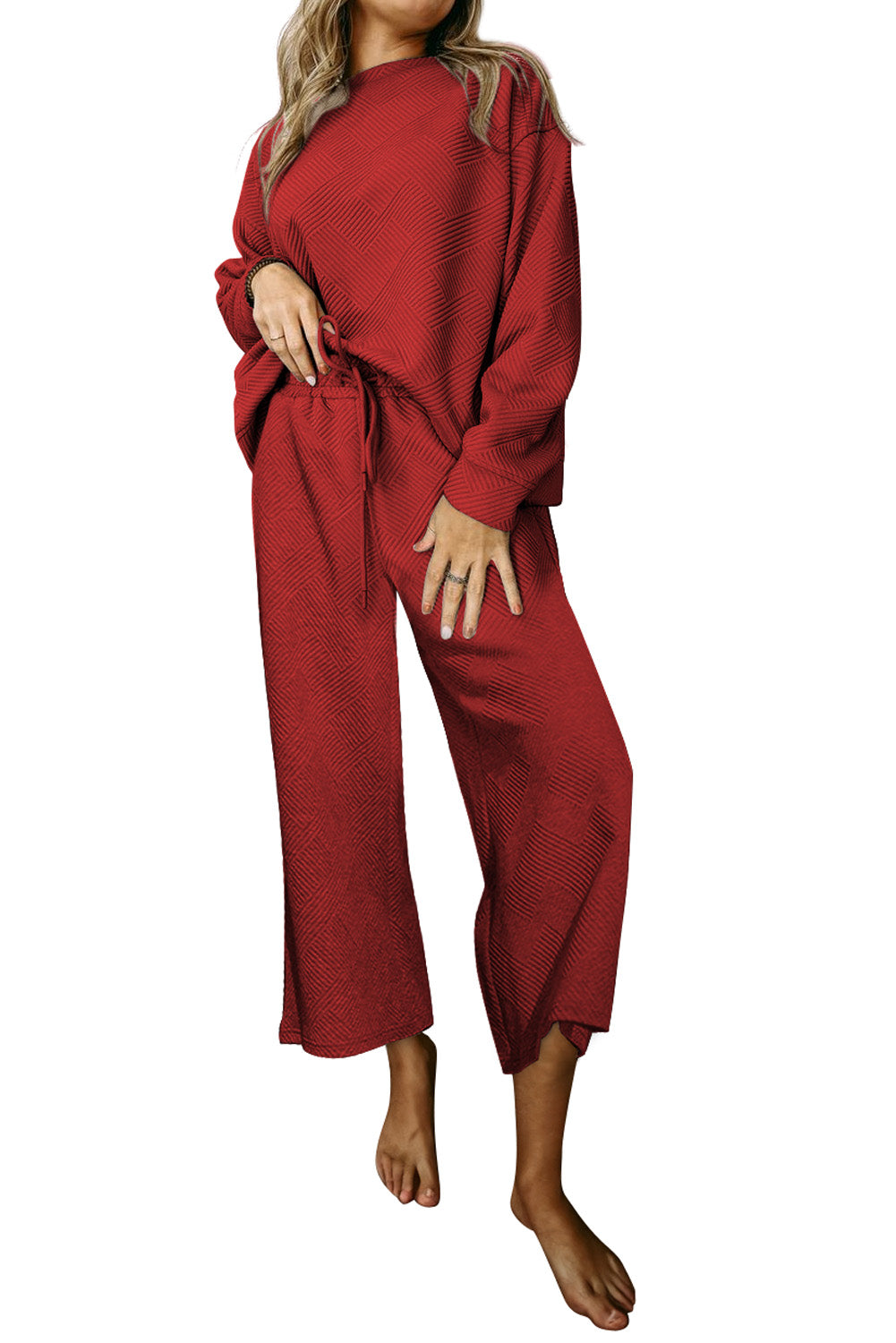 Textured Loose Slouchy Long Sleeve Top and Pants Set