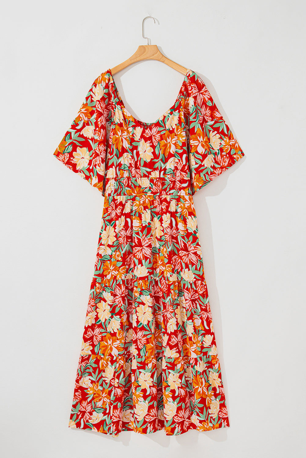 Orange Floral V Neck Flutter Sleeve Cinched Waist Long Plus Size Dress