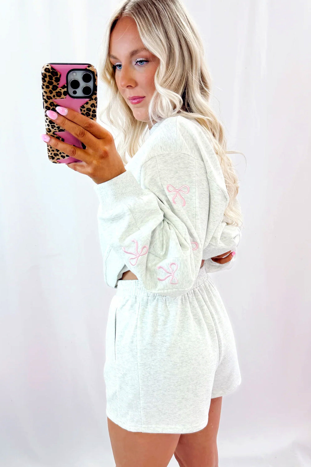 Bow Embroidery Long Sleeve Pullover and High Waist Shorts Set