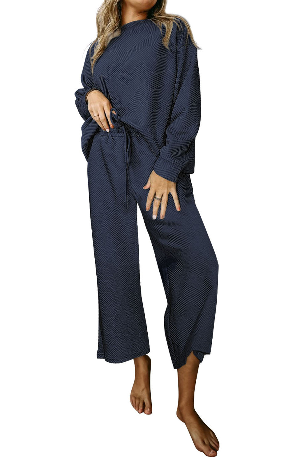 Textured Loose Slouchy Long Sleeve Top and Pants Set
