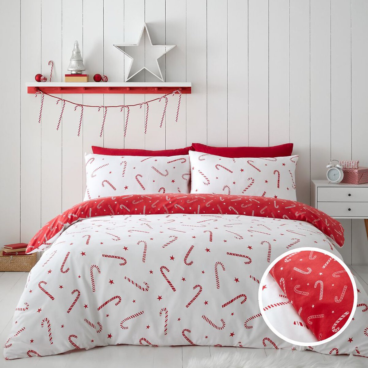 Catherine Lansfield White Christmas Candy Cane Reversible Duvet Cover Set