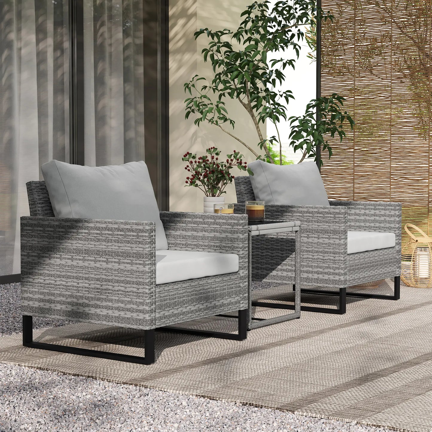 3 Piece Rattan Bistro Set with 4 Cushions - Grey